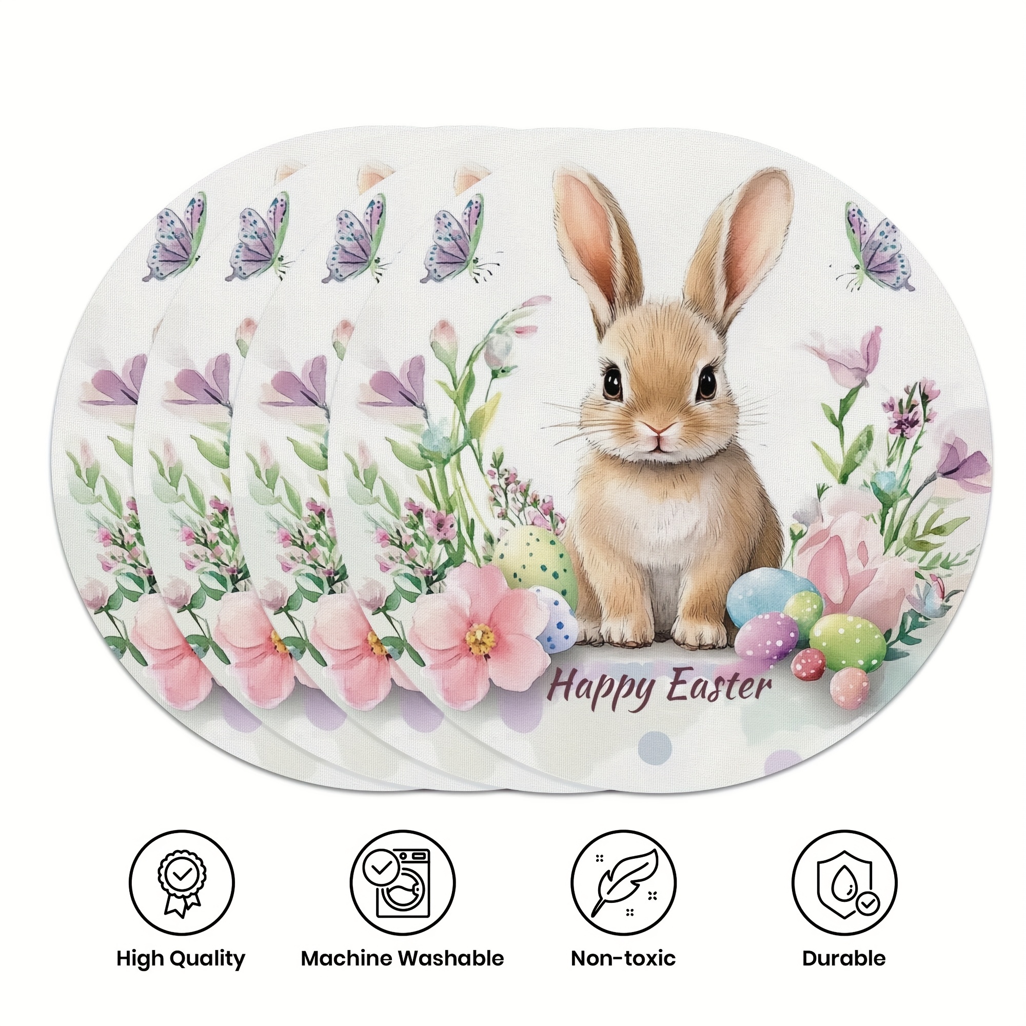 TEMU 4pcs Easter Happy Cute Rabbit Placemats, Floral Round Table Mats Home Decor Non-slip Washable Daily Vacation Placemats Kitchen Banquet Party Table Decoration 15 Inches, Polyester Material