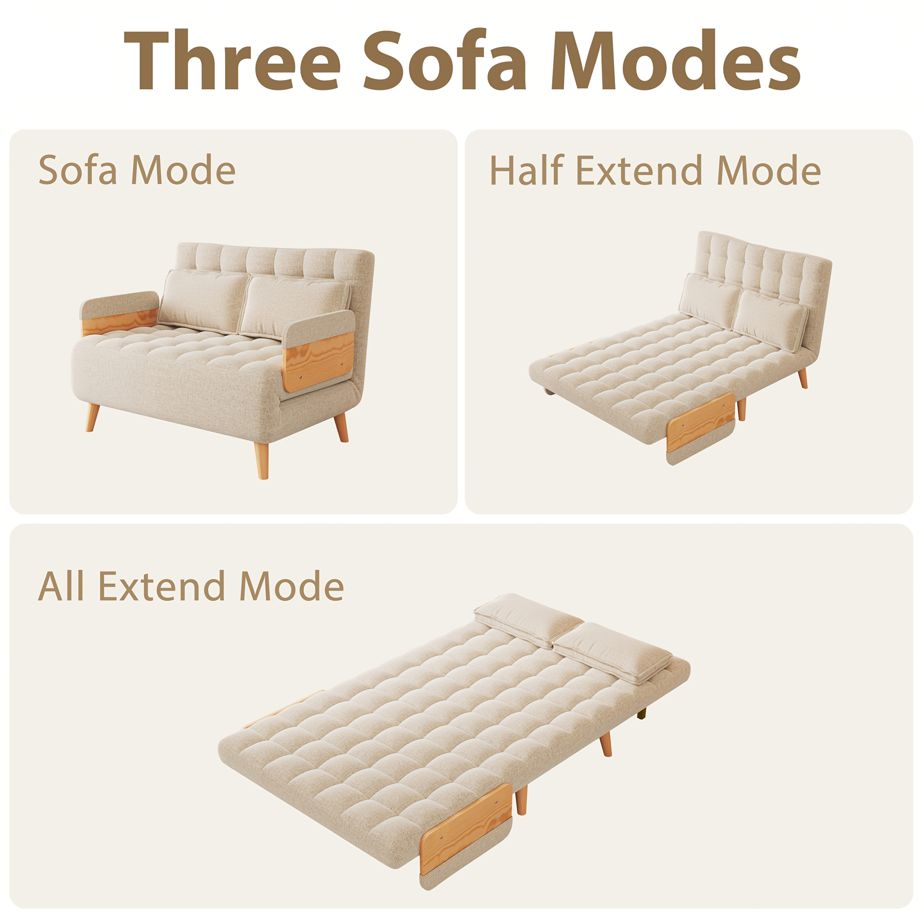 1 Modern Cotton And Linen Convertible Sofa Bed with 5 Adjustable Backs, Adjustable Height Pillows - Living Room Recliner, Single Or Double Use, Living Room Furniture Sofa | Neutral Home Decor | Wood Frame Sofa (Beige/Coffee)