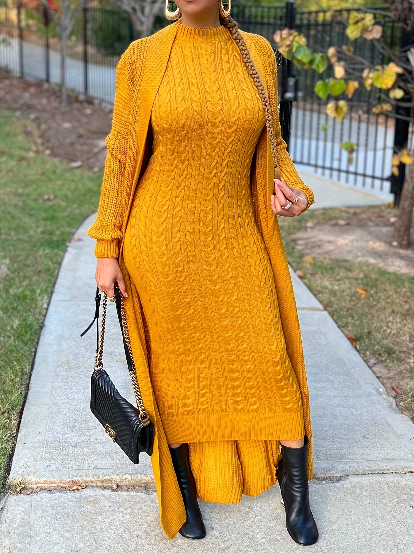 womens elegant mustard yellow dress cardigan set long sleeve