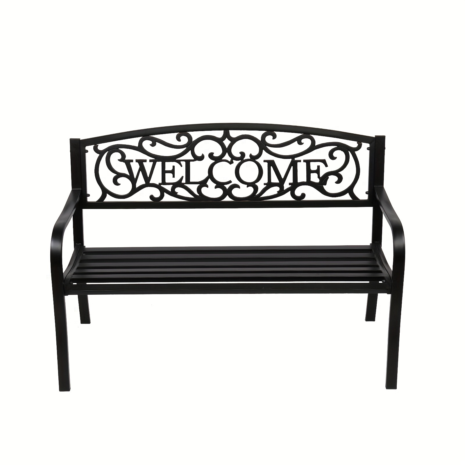 

Outdoor Steel Garden Bench Park Bench, 50 Inch Patio Welcome Bench With Slated Seat & Floral Design Backrest