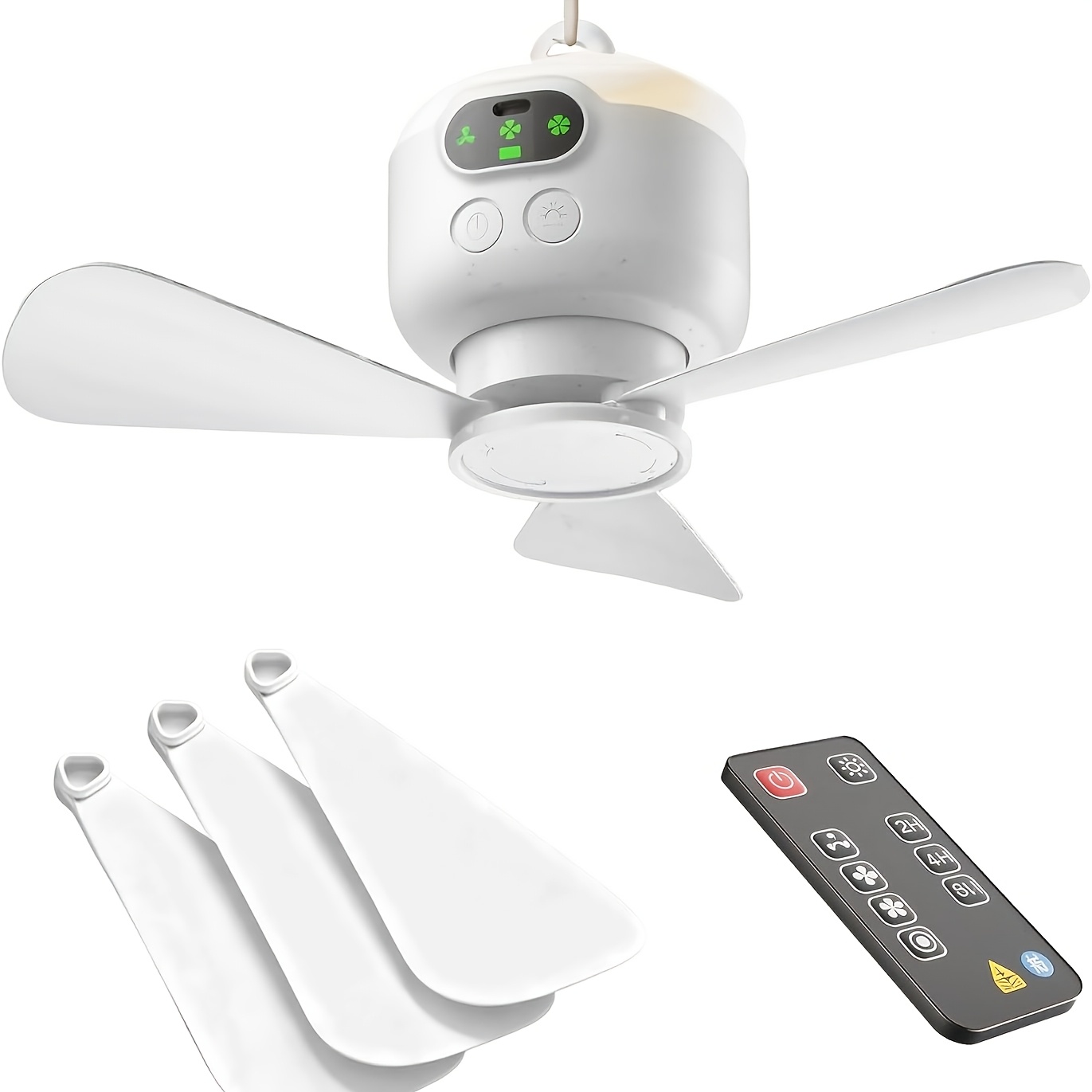TEMU Outdoor Camping Fan, 8000mah Battery Powered, Usb Portable Tent Fan Rechargeable, With Remote Control, Ceiling Fan Light, 3 Detachable Fan ,