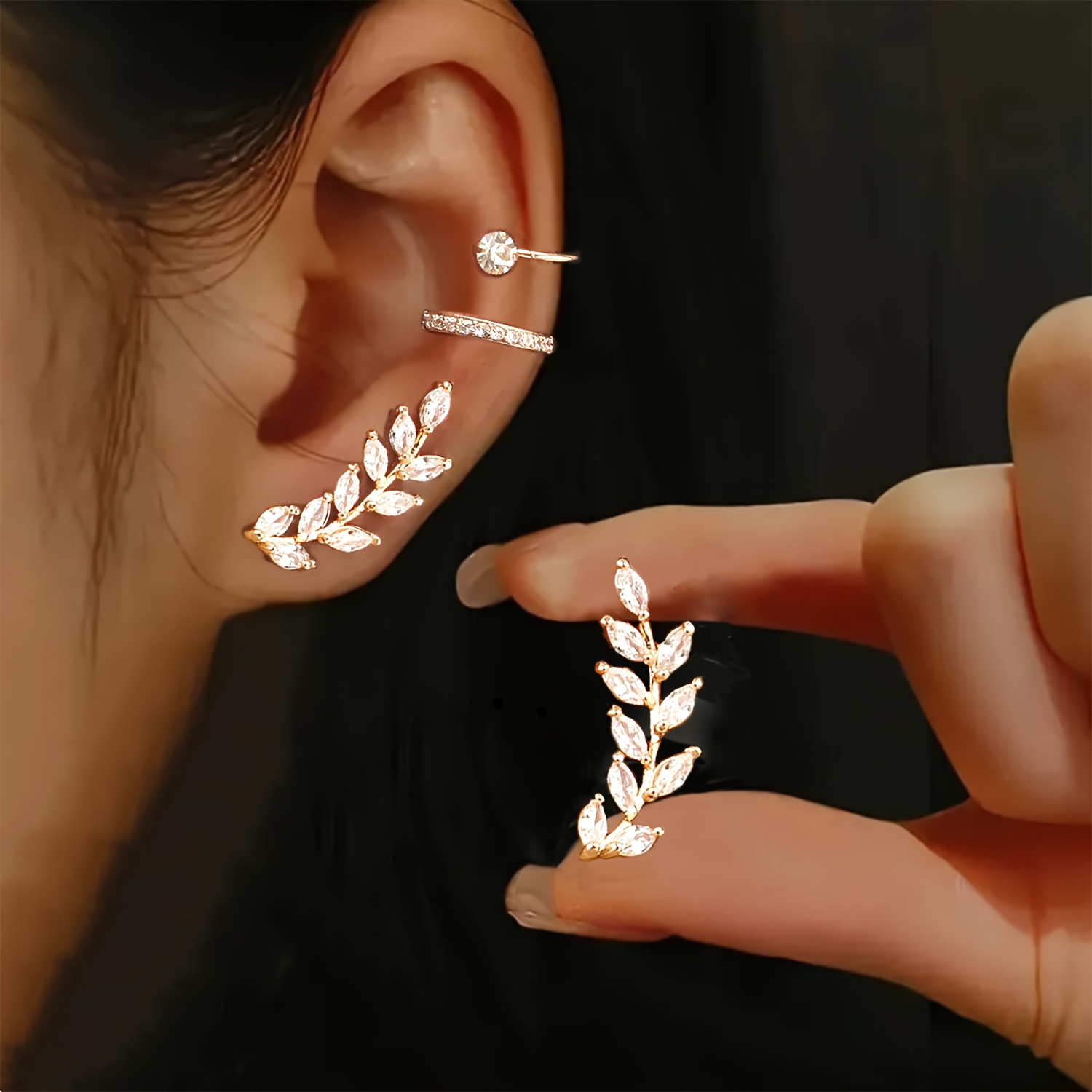 TEMU 3 Elegant Y2k Style Copper Leaf Synthetic Zirconia Women's Stacked Fashion Ear Clip Set