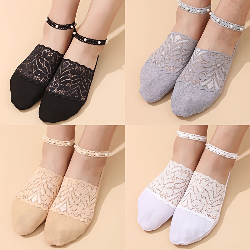 TEMU Lot de 4 paires de chaussettes d'été fines en dentelle pour femme, à imprimé floral à découpe profonde avec perles, jarretelles et chaussettes
