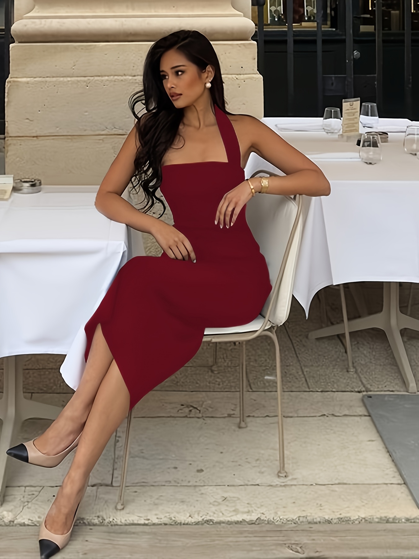 womens sleeveless halter neck midi dress a figure flattering - Temu  Mauritius
