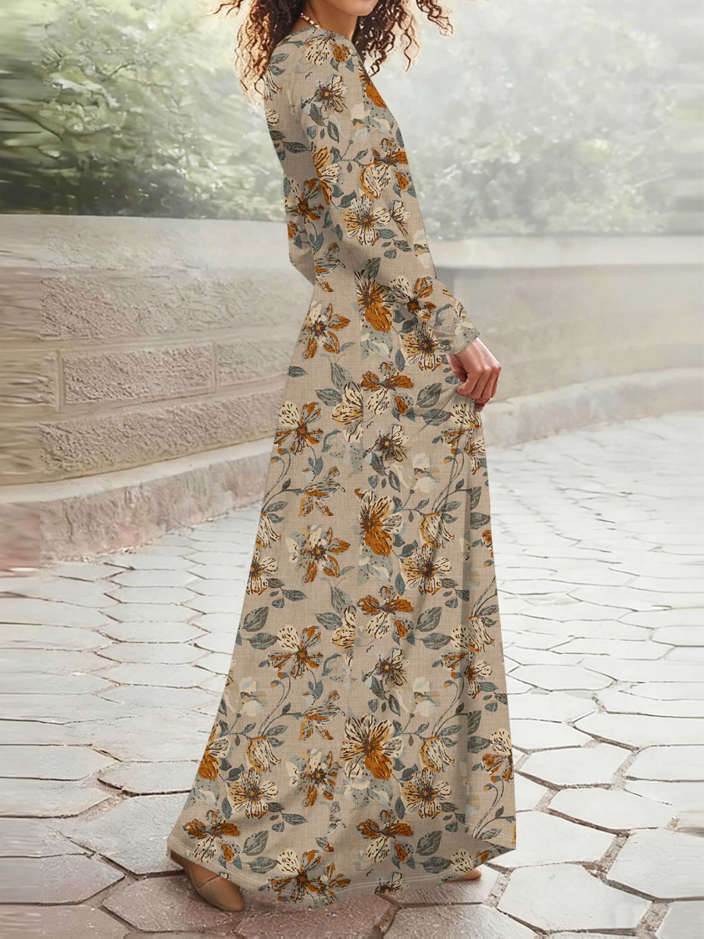 vintage style khaki printed long sleeve maxi dress women - Temu Mauritius