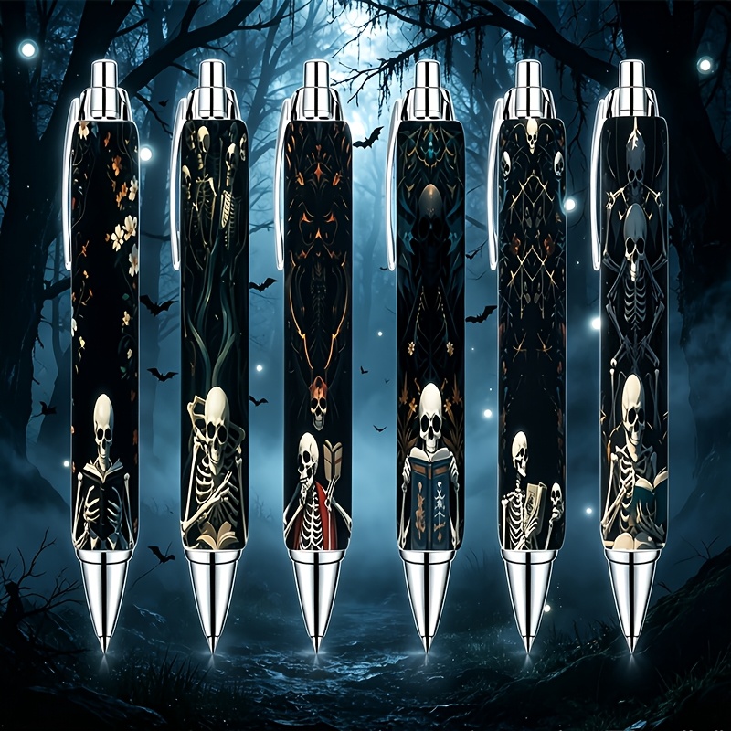 TEMU Lot de 6 stylos rétractables à gothique, stylos à imprimé squelette effrayant pour Halloween, stylos d'écriture à , stylos à motif de squelette