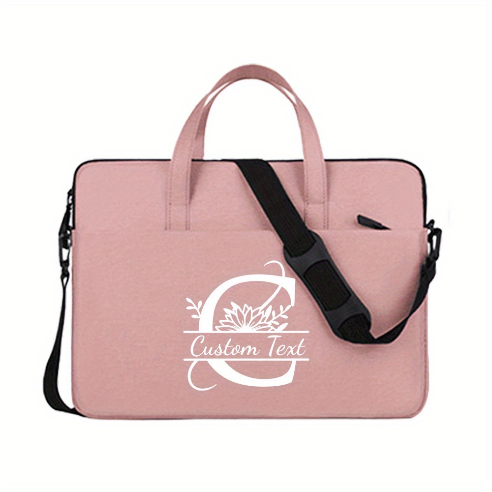 TEMU 1pc Personalized Laptop Bag - Custom Name/text, Logo & Floral Lettering, Lightweight Messenger Briefcase With Adjustable Strap, Zipper Closure,
