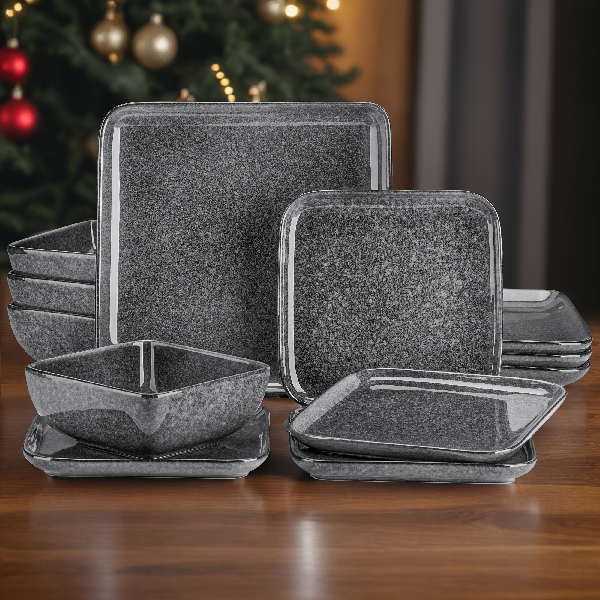 Image of Gray Dinner Reactive Glaze Tableware 12pcs Kitchen Dinnerware Stoneware Crockery Set With Dinner Plate, Dessert Plate, Bowl Service For 4 Person, Dishwasher And Microwave Safe, Handmade, Holiday Gift