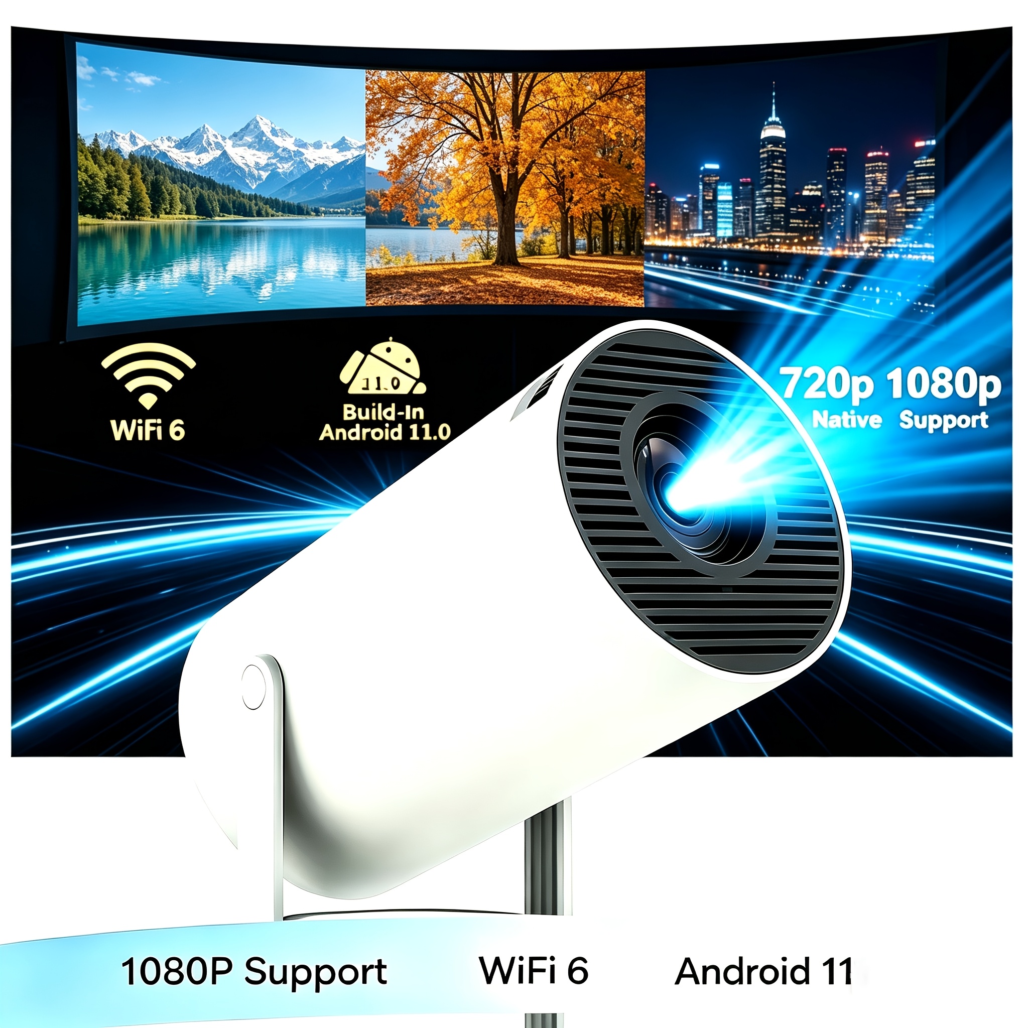 TEMU Mini projecteur cylindrique intelligent, projecteur portable rotatif à 180°, prise en charge vidéo 1080P, d'écran fil WiFi BT, projecteur de