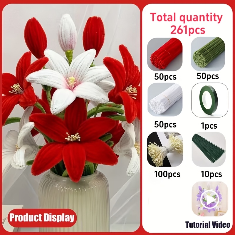 TEMU Customer Hot Total 261 Lily Twisted Rod Bouquet Set (including 150 Tube Cleaning Sticks, 100 Filaments, 10 Flower Sticks, 1 Roll Of Tape) -