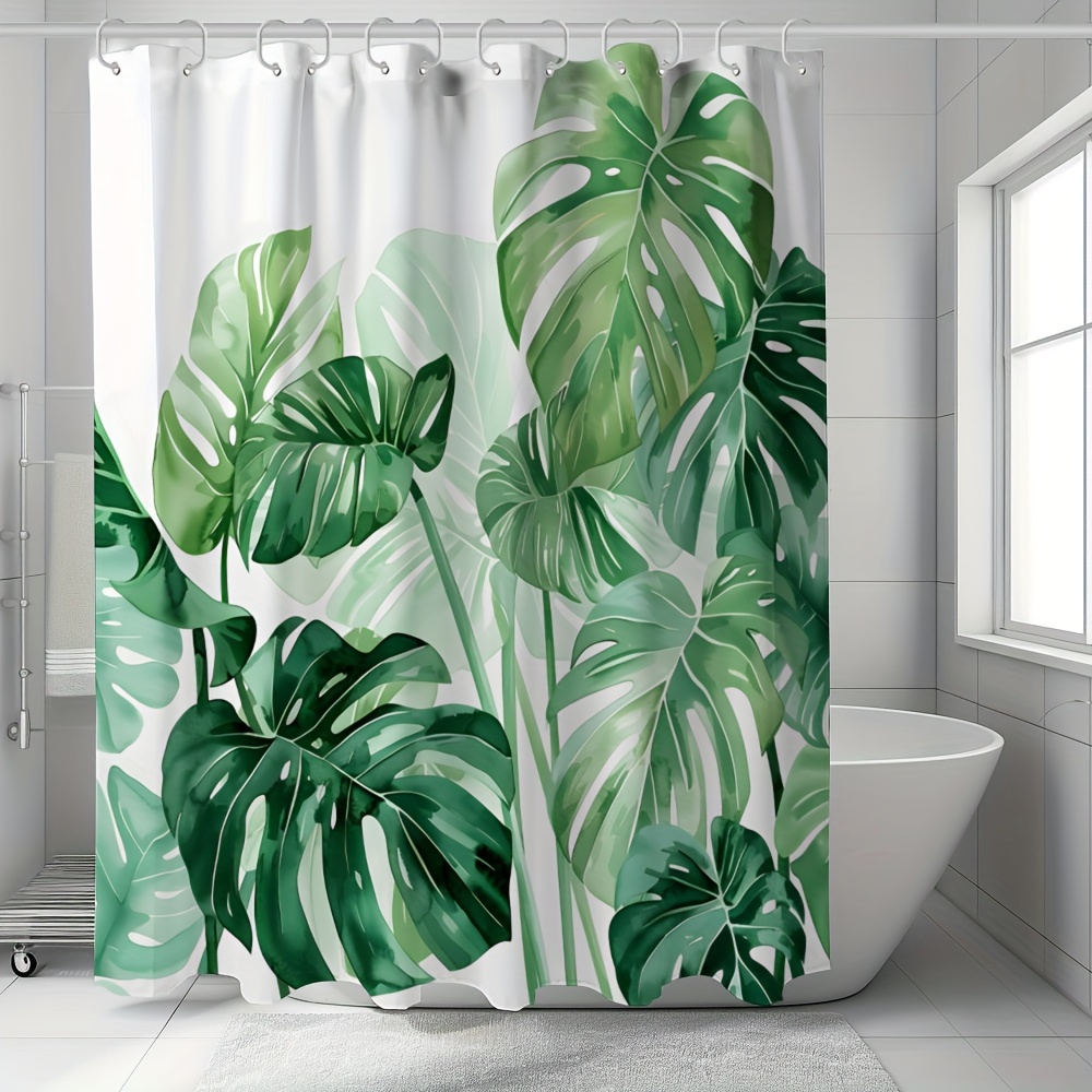 

Waterproof Tropical Leaf Shower Curtain With 12 Hooks - Palm & , Machine Washable Polyester Bathroom Decor