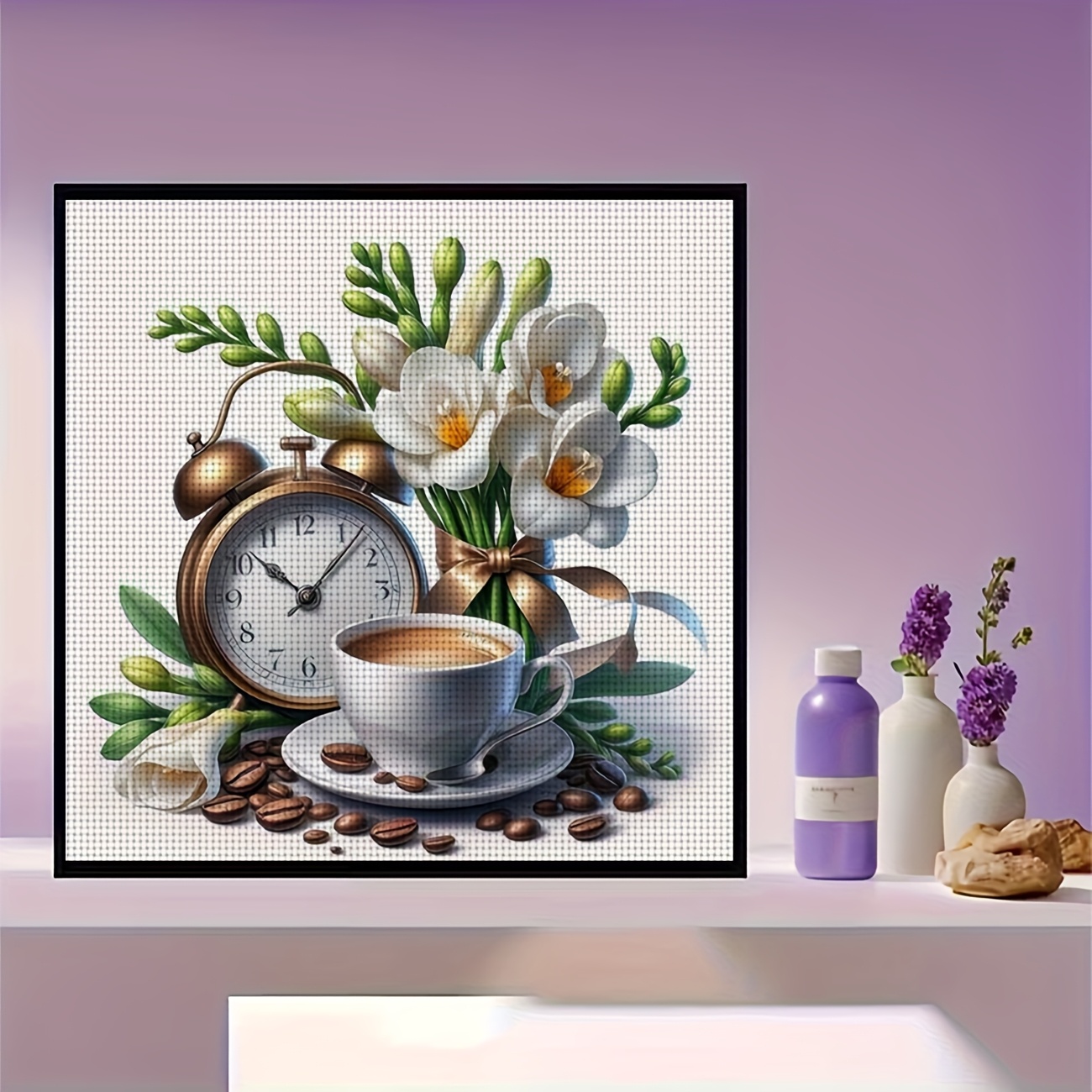 Cross-Stitch Printing Kit Without a Frame, Coffee Flower Clock Design
