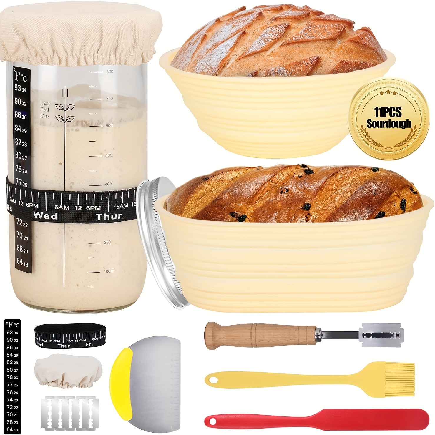 

Silicone Sourdough Bread Making Kit With 34oz Starter Jar, 2 Proofing Baskets, Feeding , Thermometer, Metal Scraper & Accessories For Artisan Bread Baking