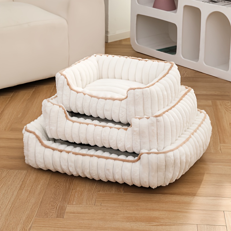 1pc cozy plush pet sofa bed striped polypropylene recliner for   warm     non slip bottom extra small to large breeds beige with white trim durable stylish design pet furniture bed   furniture     furniture durable pet furniture Product details 2