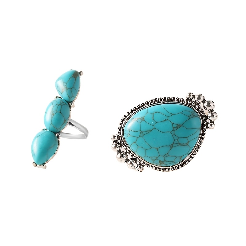 TEMU 2pcs/set Vintage Bohemian Large Turquoise Set - Teardrop Synthetic Lapis With 3-stone Stackable Western Ethnic Style Hand Jewelry, Women's