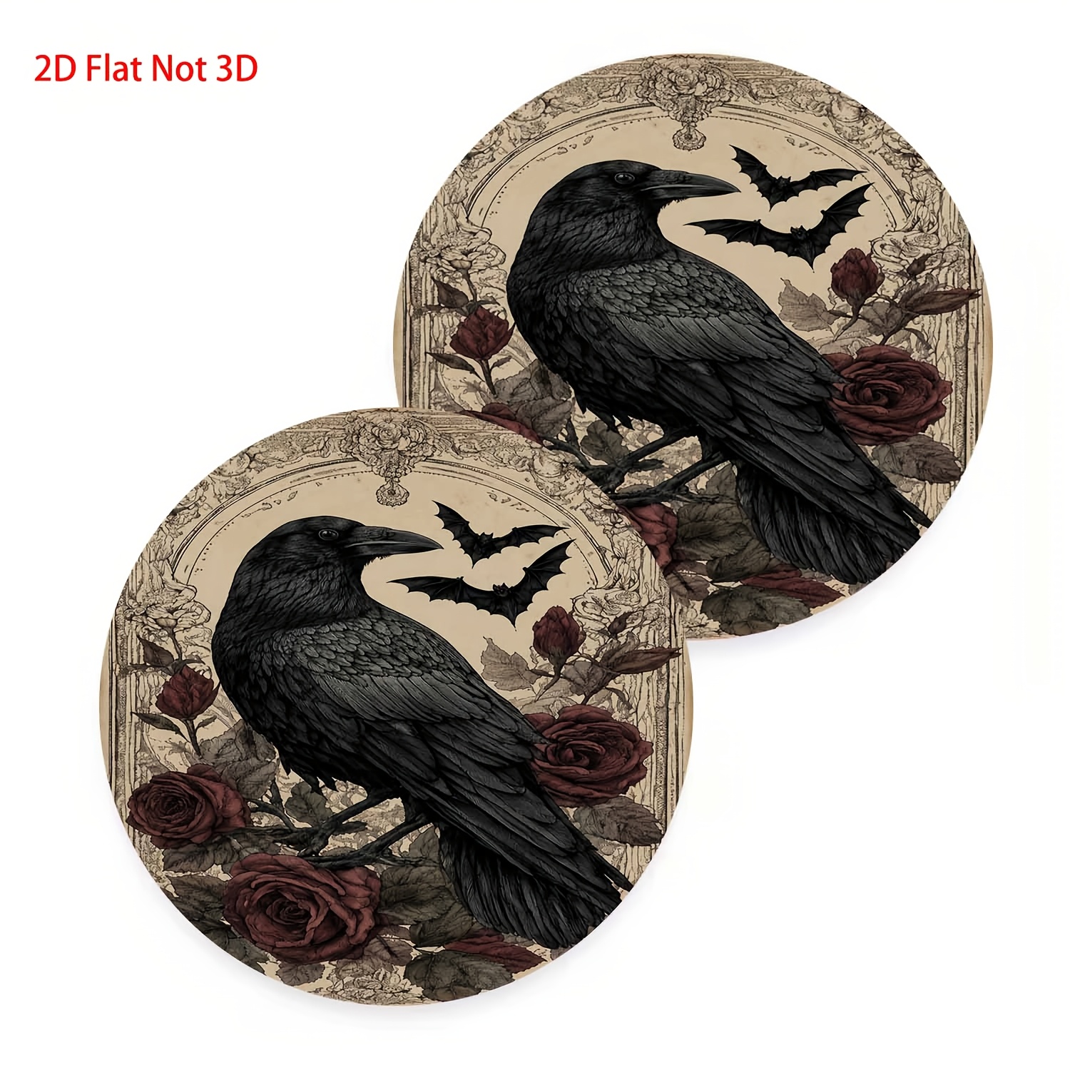 TEMU 2pcs Gothic Style Black With Bats And Roses Car Coasters, Easy To Clean Coasters, Women' Interior Decoration Additions, Gifts For , Home Dining