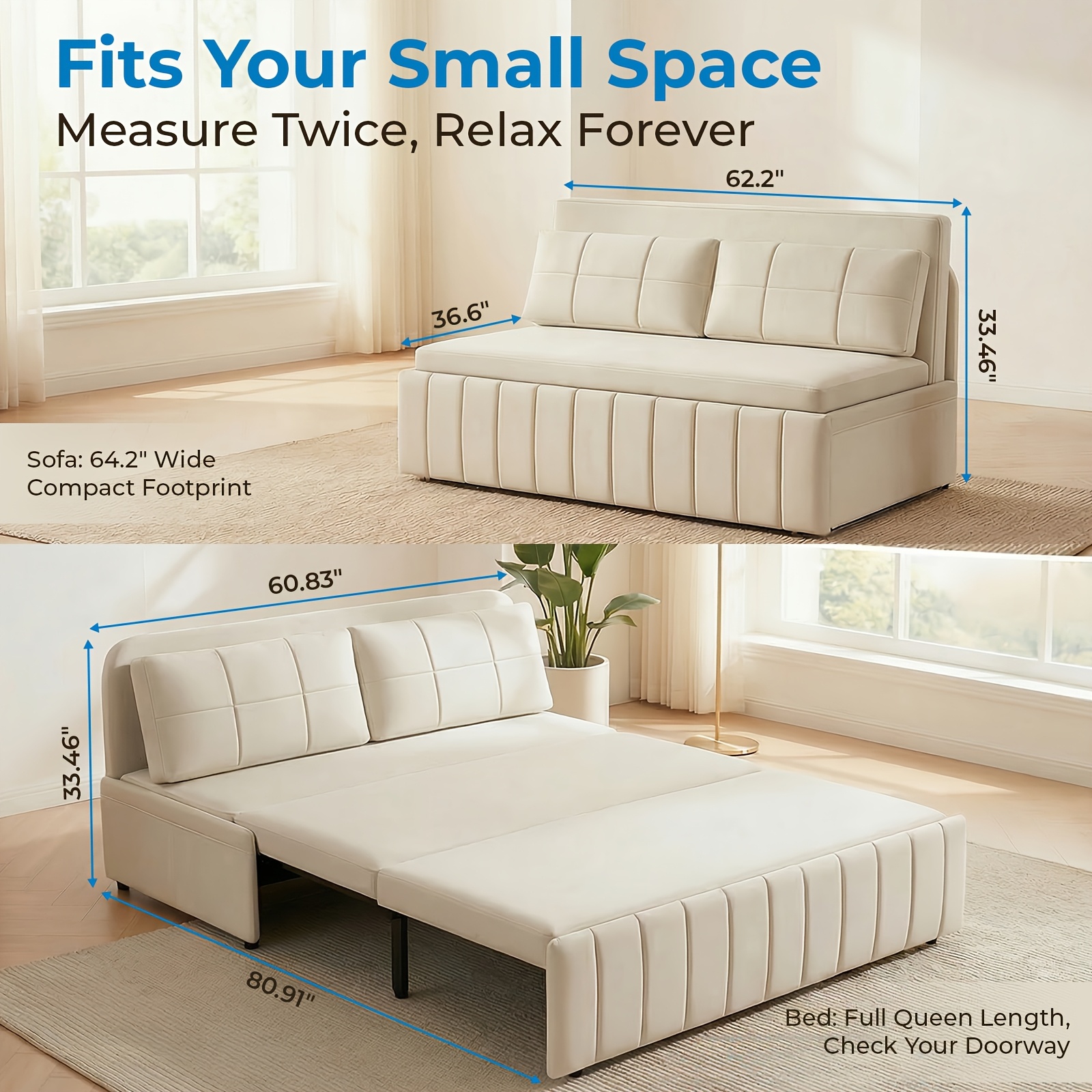 3in 1 Convertible Queen Sofa Bed, Pull Out Sleeper Couch, Armless Loveseat for Small Spaces