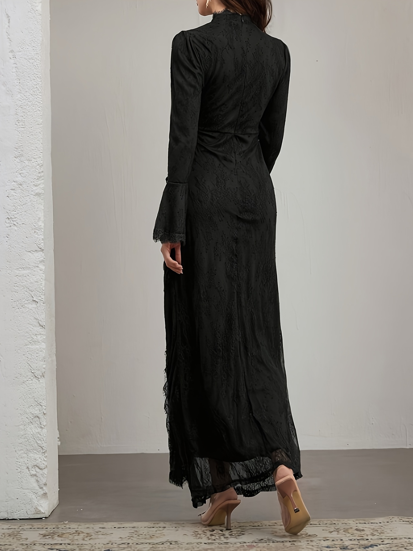 elegant long sleeve lace dress with ruffle neckline and belted waist stand collar long length suitable for     Product details 1