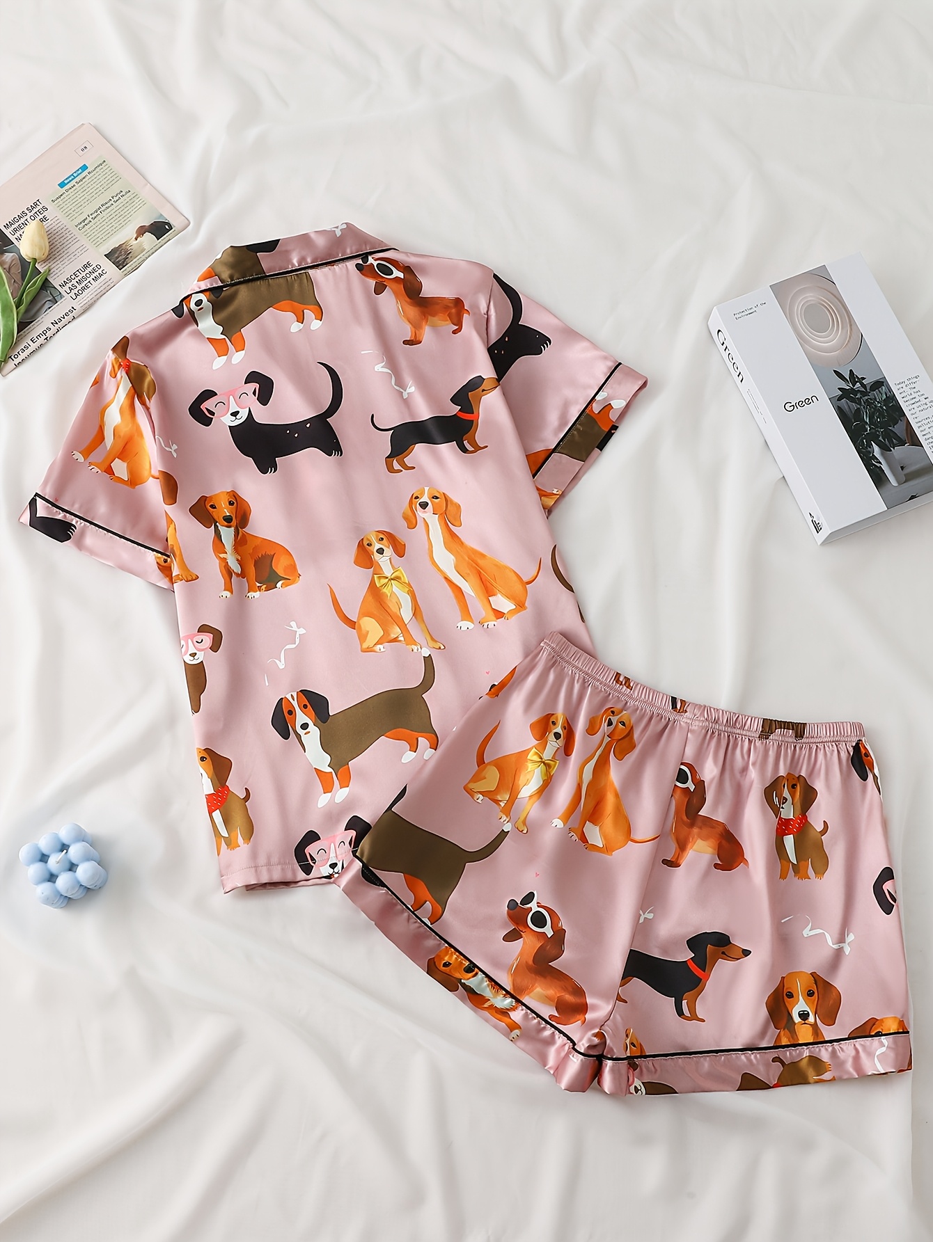ladies two piece satin pajamas set in   paste color with a small dog pattern ladies two piece short sleeved stand up collar top   with shorts ladies pajamas for   two piece womens set Product details 1
