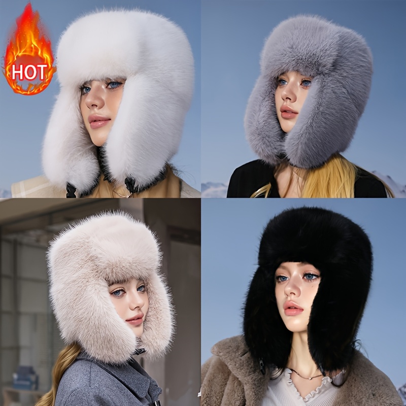 

Bonnet d'Hiver Chaud pour Femmes avec Fausse Fourrure et Rabats d'Oreilles, Casquette Épaisse et Coupe-Vent avec Protection des Oreilles pour en Extérieur