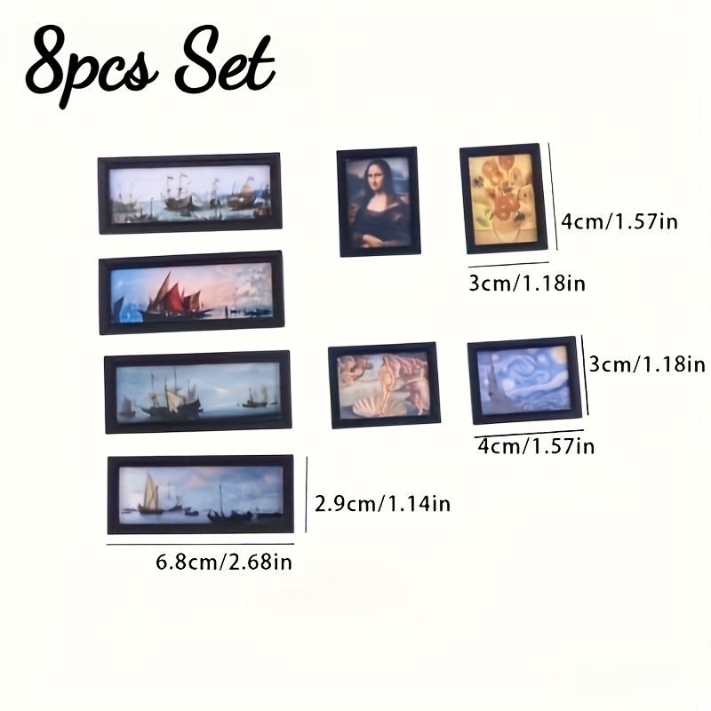 TEMU 1:12 Scale 8pcs Mini Framed Retro Classic Wall Art Set, Vintage Printed Painting Ornament, Dollhouse Living And Bedroom Furnishing Accessory,