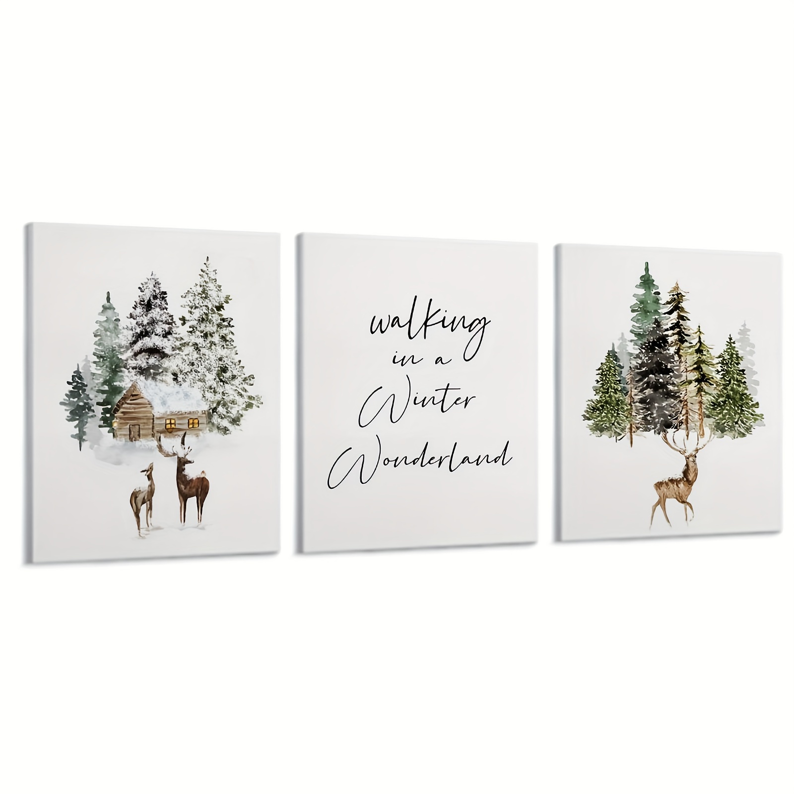 

3pcs Winter Canvas Art Set - Snowy Pine Trees & Deer Prints, Decor (wrapped Canvas), Pictures Wall Decor, Room Decor