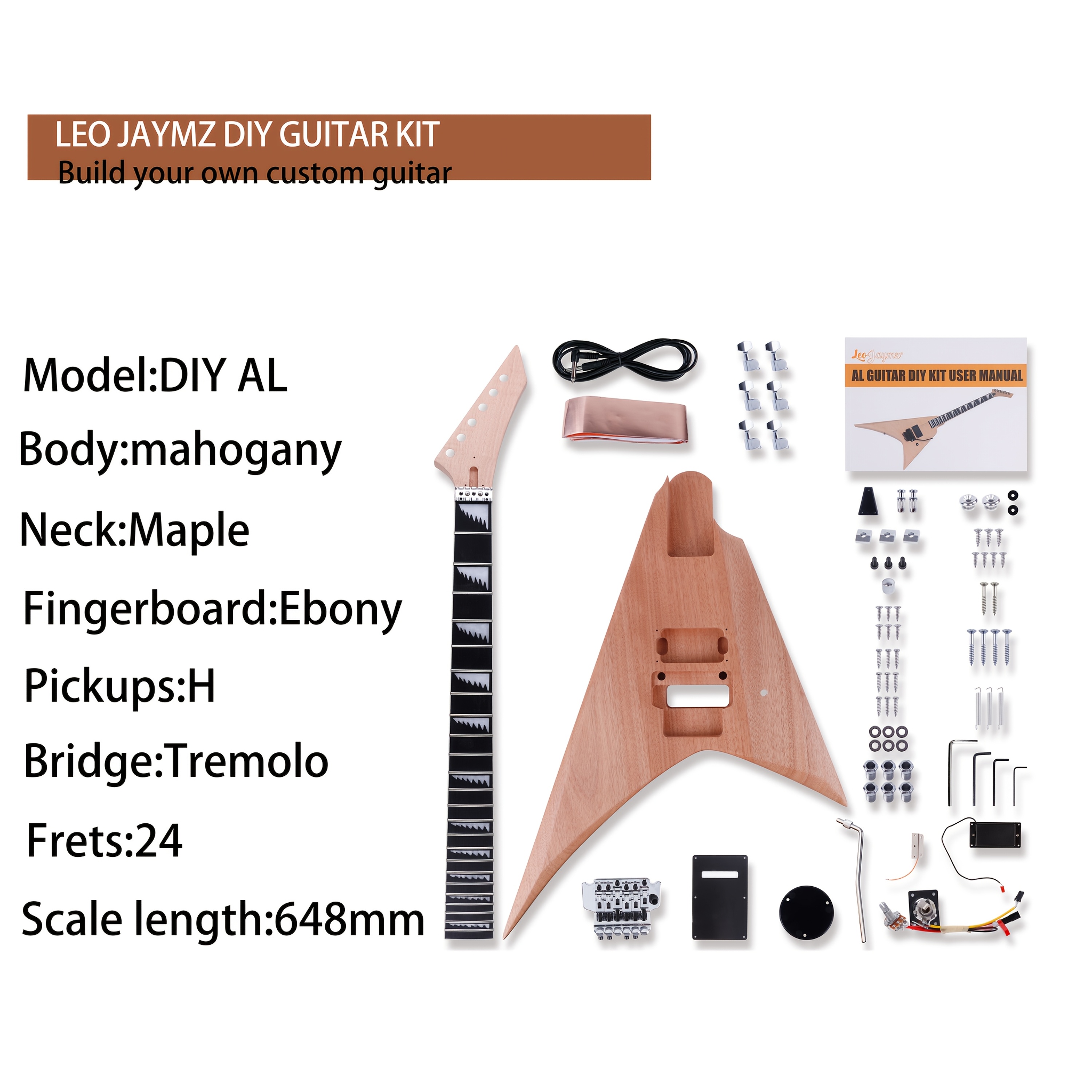 Leo Jaymz DIY Electric Guitar Kit - Mahogany Body, Ebony Fretboard, 1pc S-H Pickup Configuration - Fixed Bridge, Fully Enclosed Tuning Pegs, 21 Frets, Maple Neck, Room Electrical Wiring