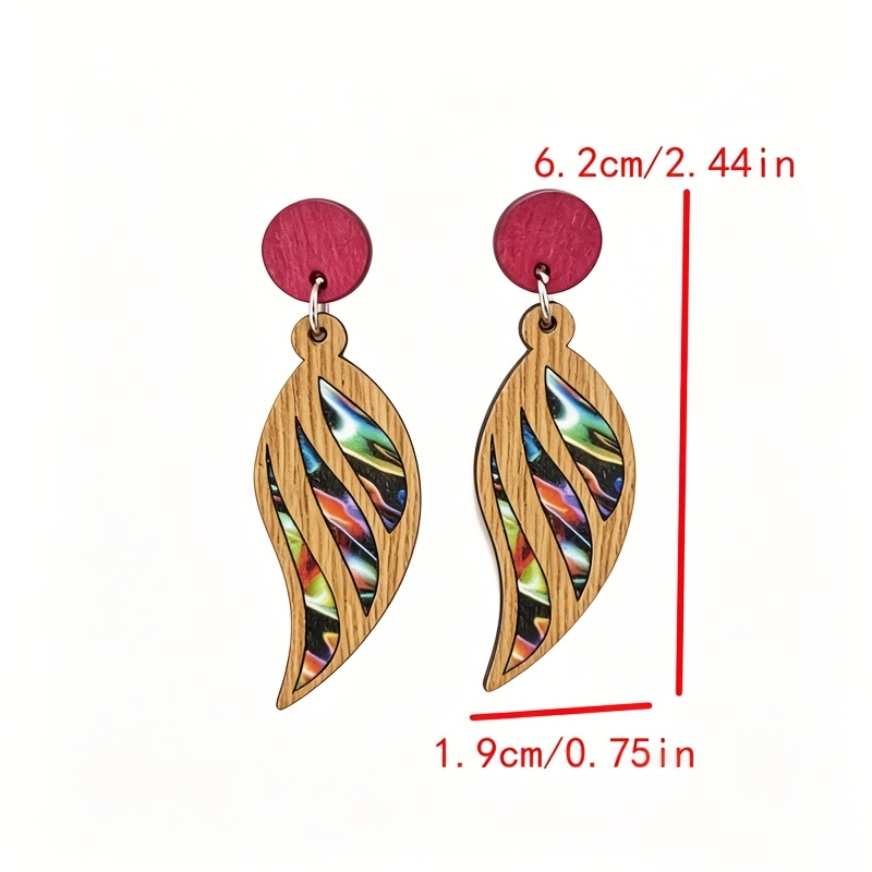 Bohemian Leaf-Shaped Iridescent Printed Wooden Earrings