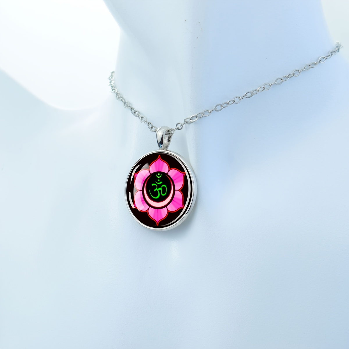 Lotus Flower OM Symbol Necklace, Glass Dome Design