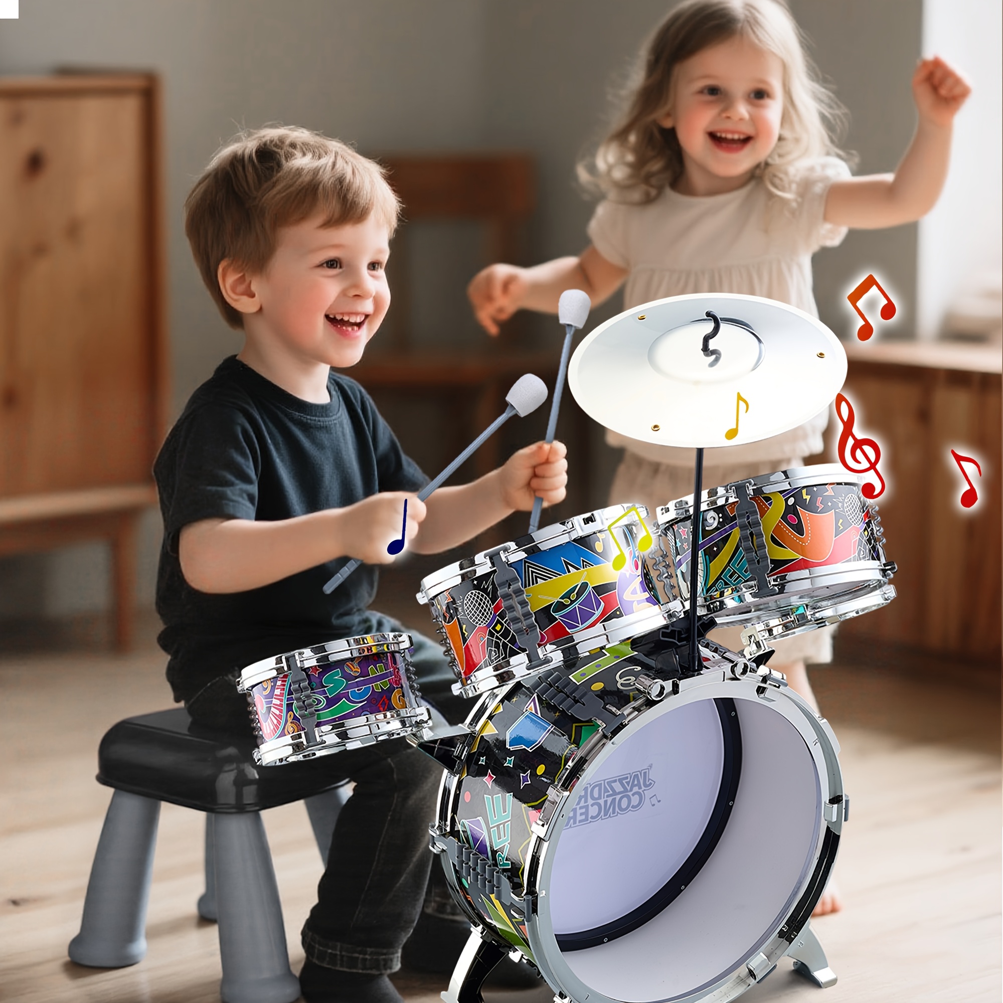 Kids Jazz Drum Set Rock Kit Toys, 5pcs Kids Band Musical Instrument,Percussion Beginner Kit for Boys Girls Aged 3-5 5-7.