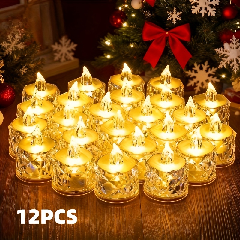 12er-pack flammenlose led-  in kristalloptik, kleine runde flammenlose batteriebetriebene   für  , teelichter mit realistischer flackernder flamme, weihnachts -dekoration, warme neujahrsdeko, valentinstag-herz ,  beleuchtung für veranstaltungen, flammensimulations