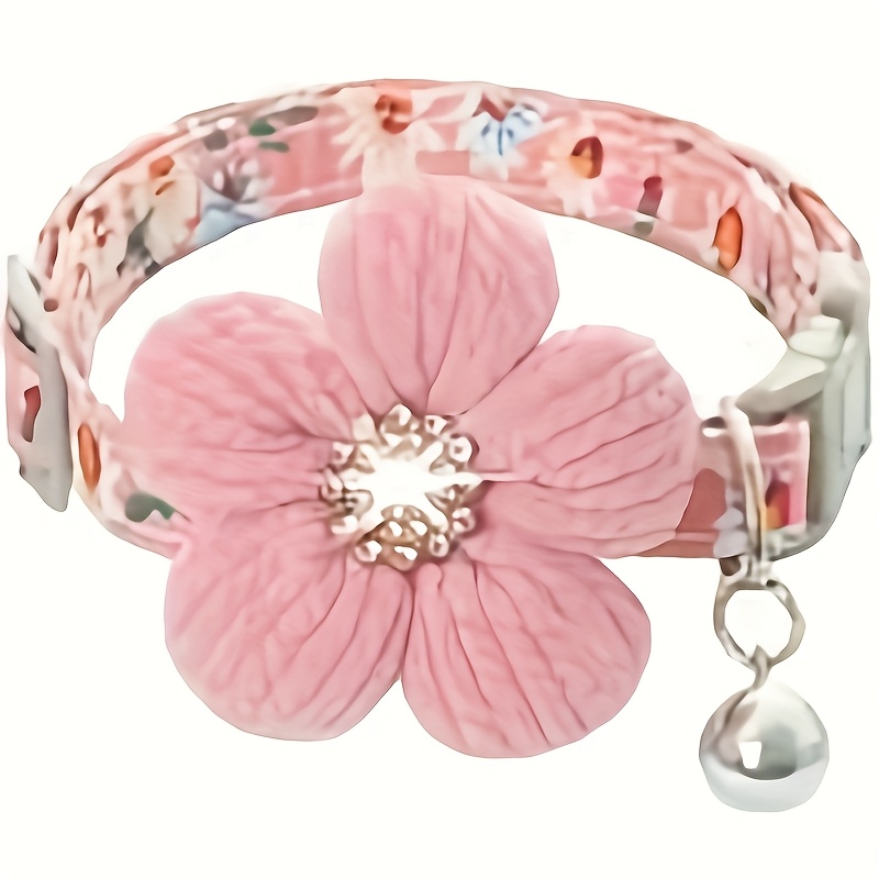 floral dog collar with 3d flower charm and detachable bells suitable for small dogs and cats soft adjustable polyester pet collar with pink white floral pattern   accessory Product details 4
