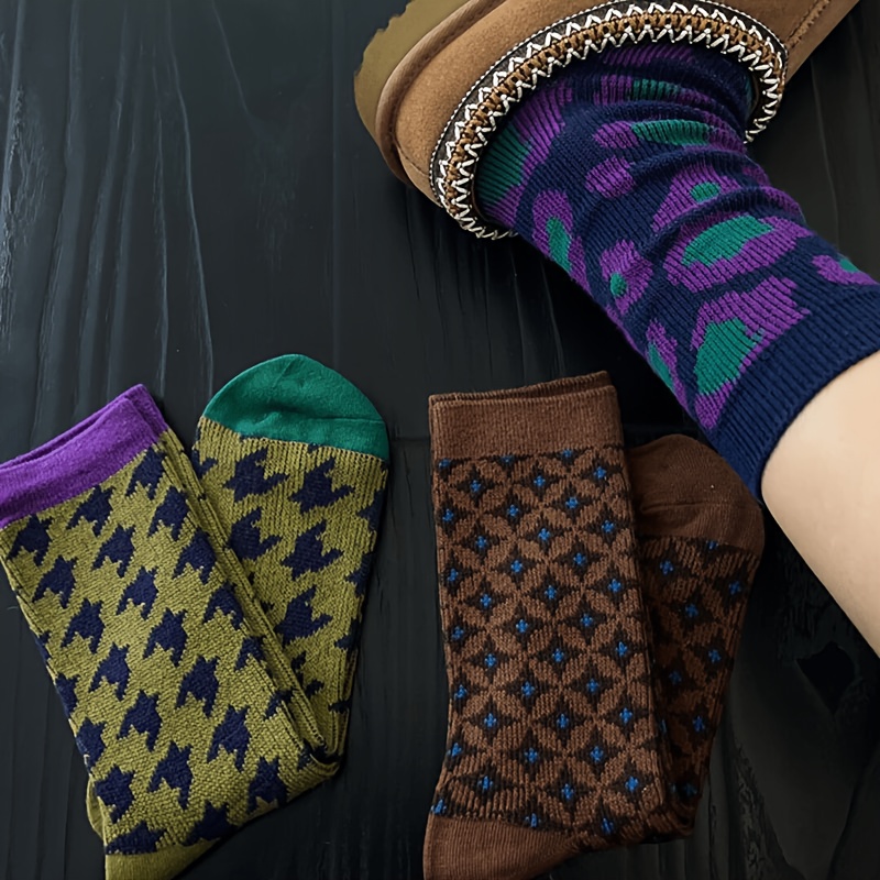 TEMU 3-pair Unisex Vintage Slouch Socks - Double-needle Double-path Mid-calf Long Socks, Thick Warm Suitable For , Hand Washable Casual Winter Tights