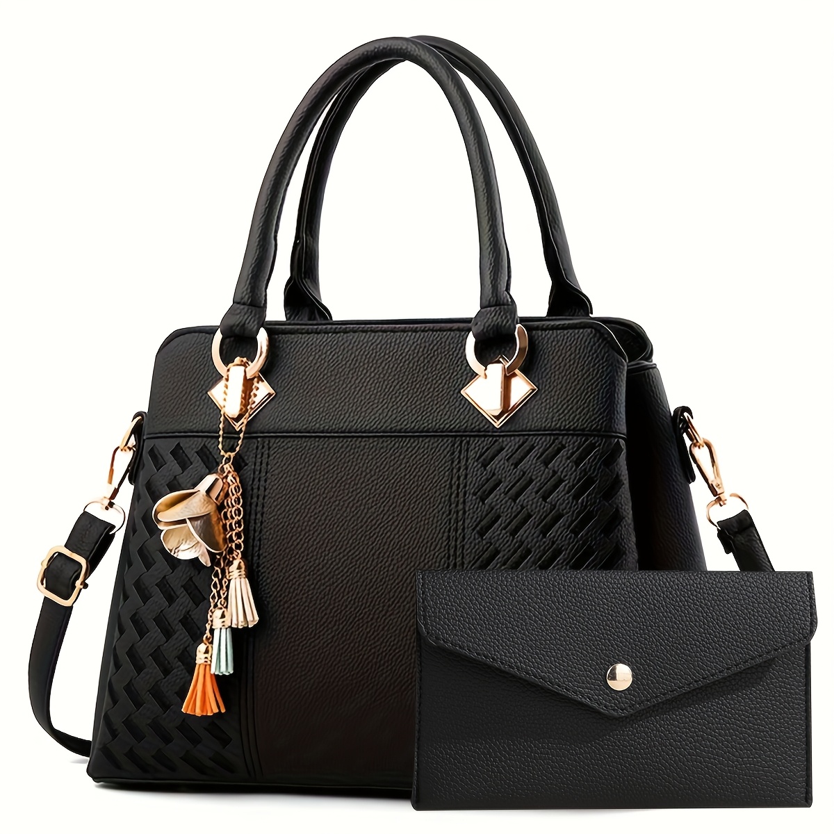 

Elegant Black Leather Tote Bag Set With Clutch, Removable Strap, Zipper Closure, Polyester Lining, And Paint - Shoulder And Crossbody Handbag For Women, Ideal Valentine's Gift