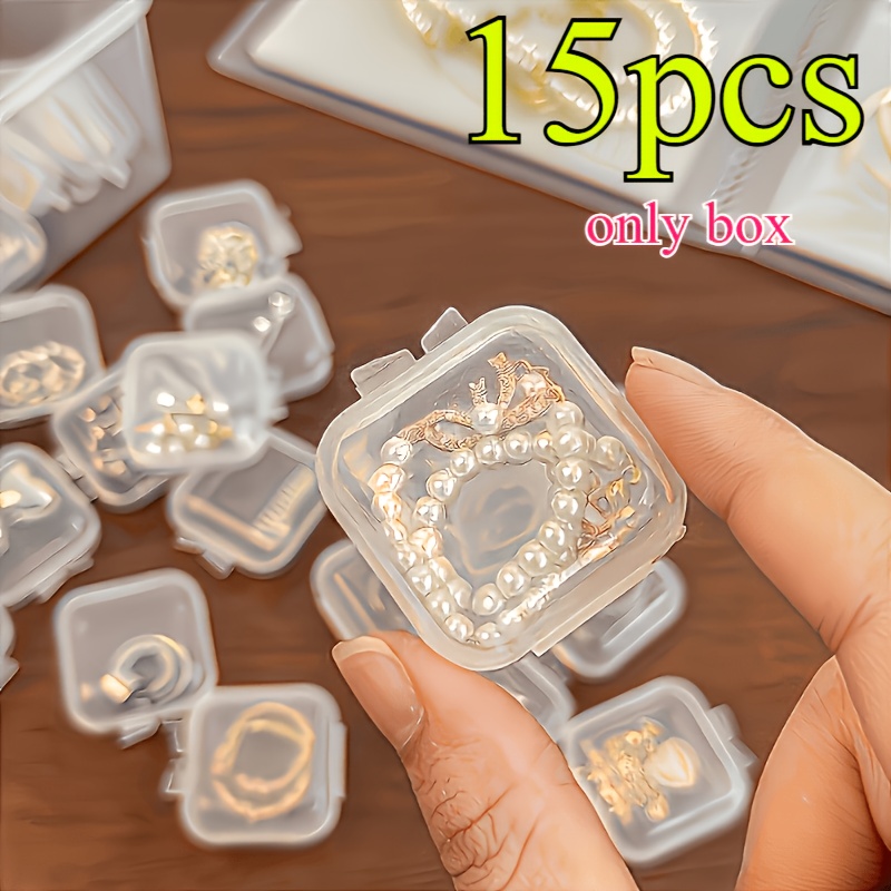 TEMU 15pcs Mini Transparent Plastic Storage Box Set With Lids - Square, Stackable, Portable Organizer. Airtight Small Containers For Earrings, Studs,