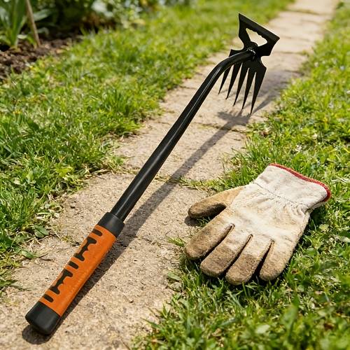 5 tooth manual weeding rake made of heavy duty steel material with ergonomic orange handle and portable root cleaning design suitable for garden and lawn care sturdy and durable comfortable grip