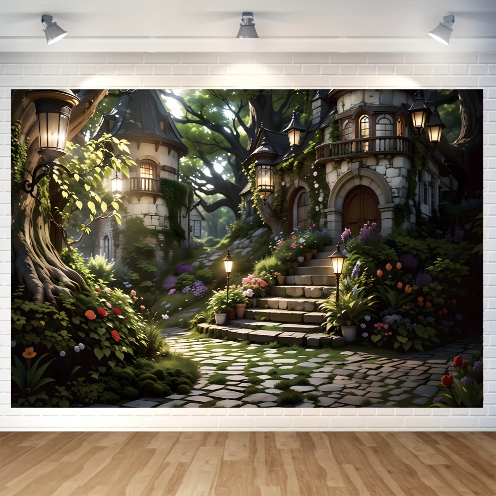 

1pc, Fantasy Fairytale Forest Castle Vinyl Backdrop - Great For Posters, Memorial Wall Signs, Photos, Photography, Holiday Party Supplies, Decorations - Painting Themes - Available In 2 Sizes.