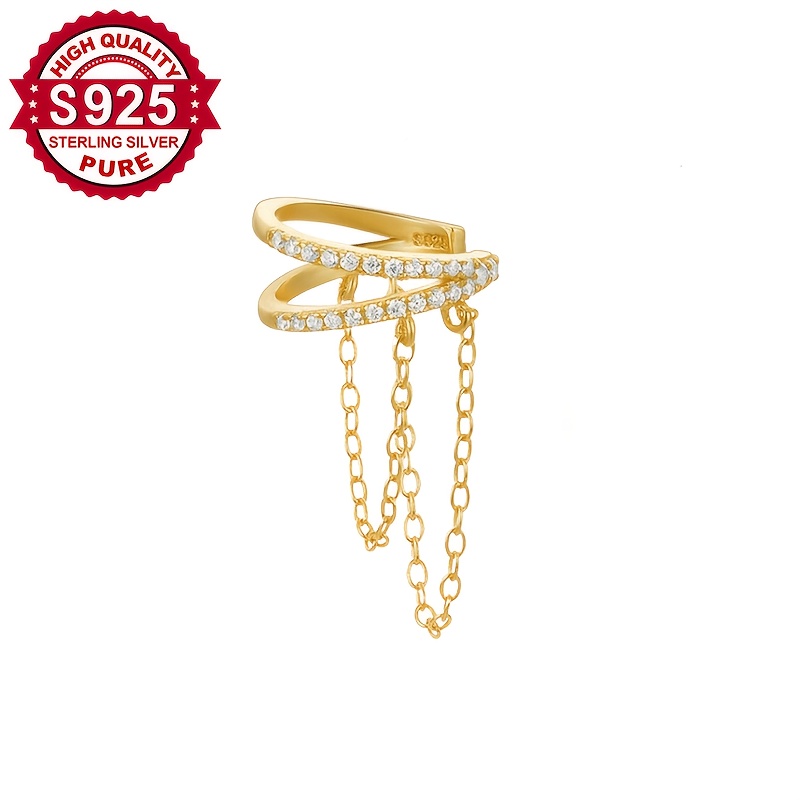Women's S925 Silver Double-Layer Synthetic Zirconia Tassel Chain Ear Clips
