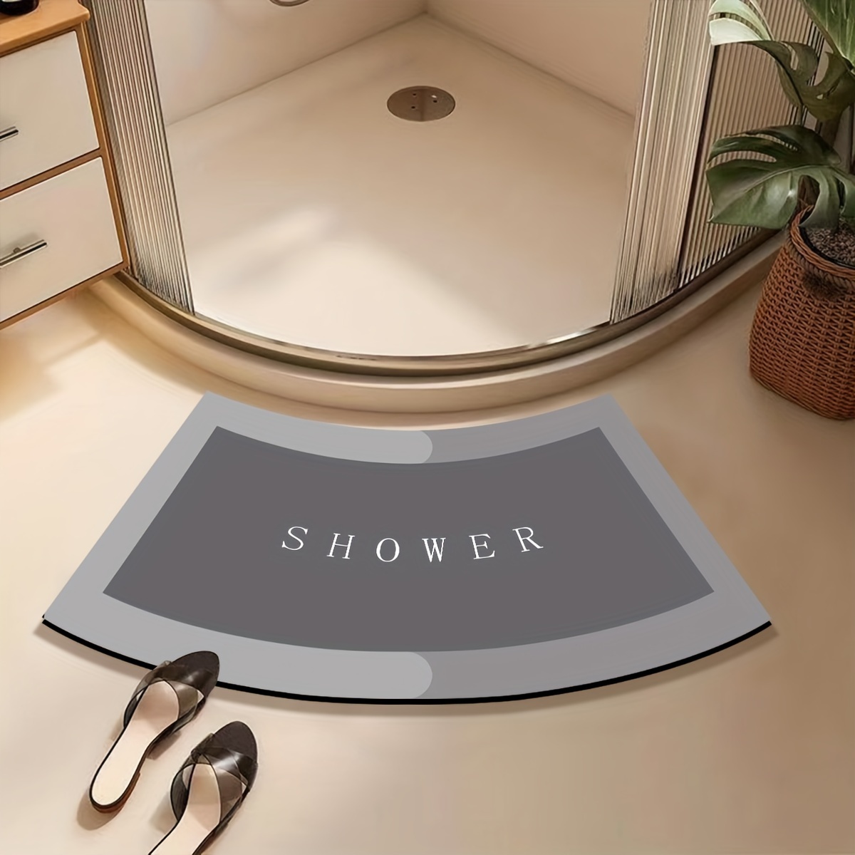 

1pc Curved Fan-shaped Gray Bathroom Rug With Letter Design - Non-slip, & , Machine Washable, & Soft - Bathtubs, Showers, And - 15.74x29.52in/17.71x39.37in, Rubber Material, Simple , Bathroom Areas