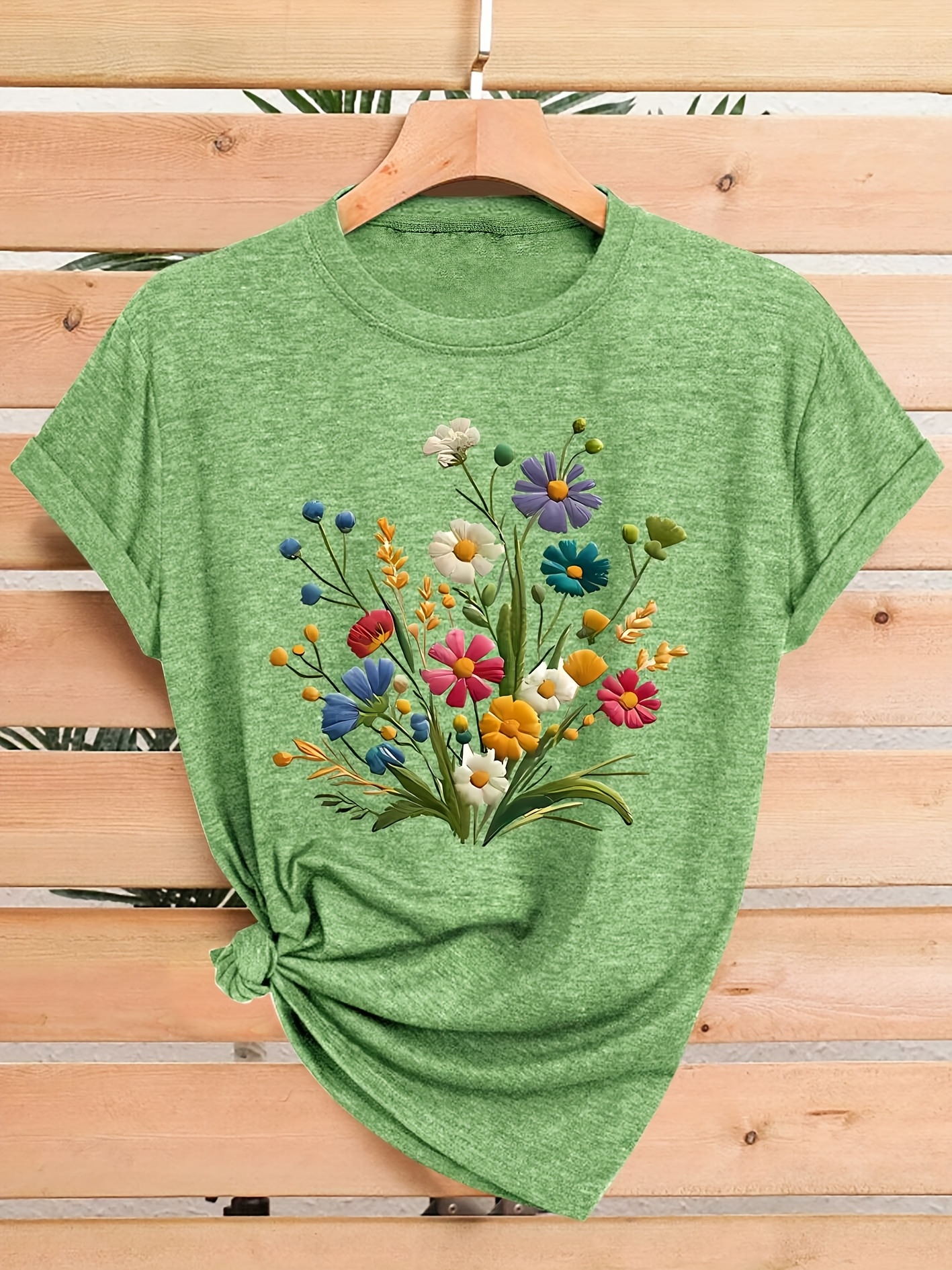 womens floral print t shirt casual crew neck short sleeve top medium stretch fabric vintage style with colorful   sizes s xxl Product details 6