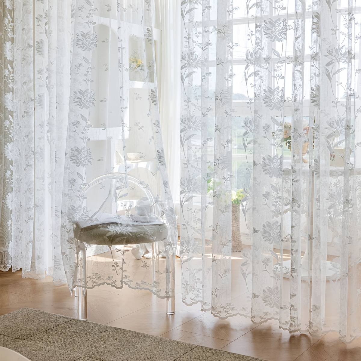 TEMU 1pc Boho Style Printed Semi-opaque Curtain | Polyester, Flower Pattern, Rod , Machine Washable, Use