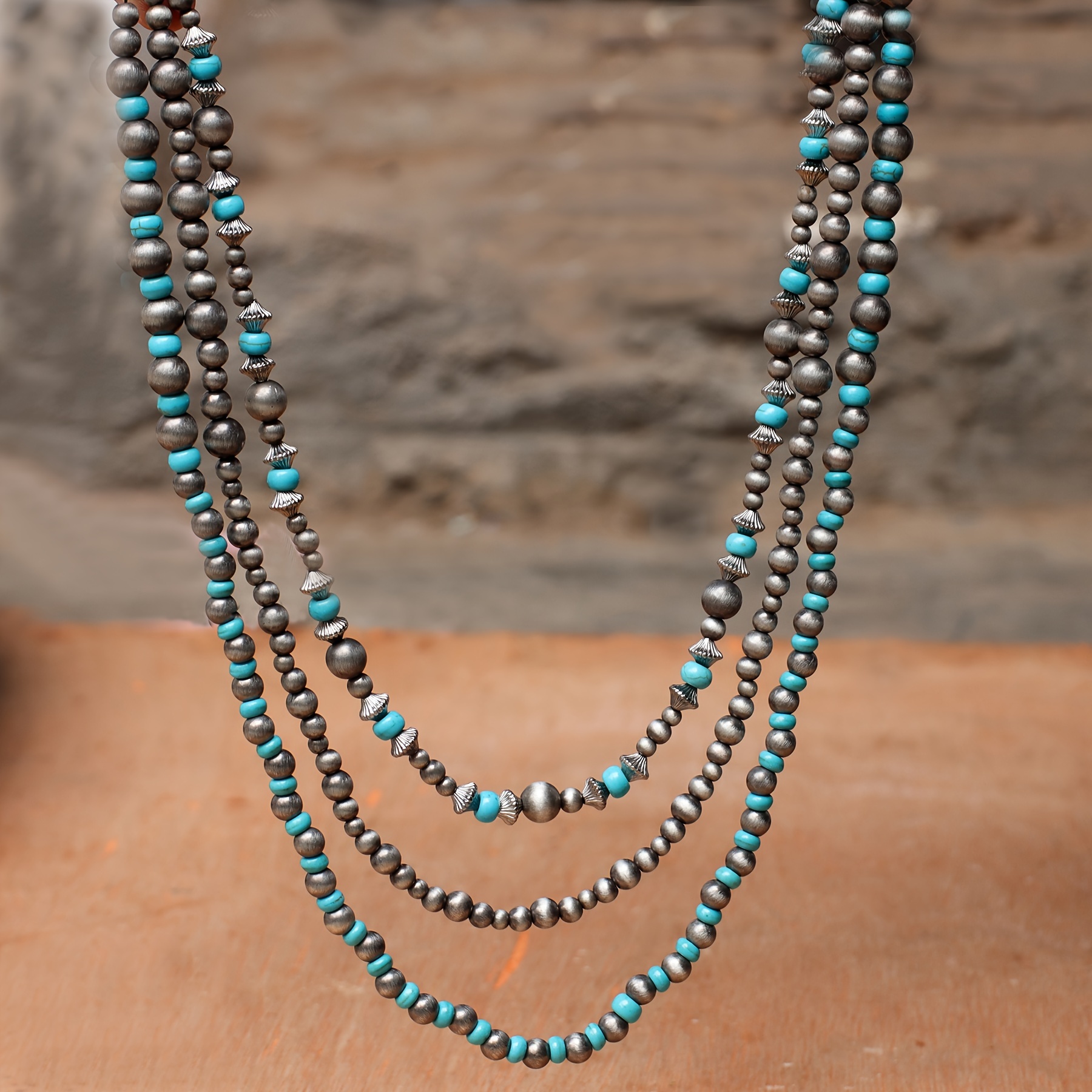 

Antique Silvery Triple-strand Turquoise & Navajo Bead Handcrafted Necklace For Western Ladies, Vintage Bohemian Style, Daily Wear, Perfect Gift For