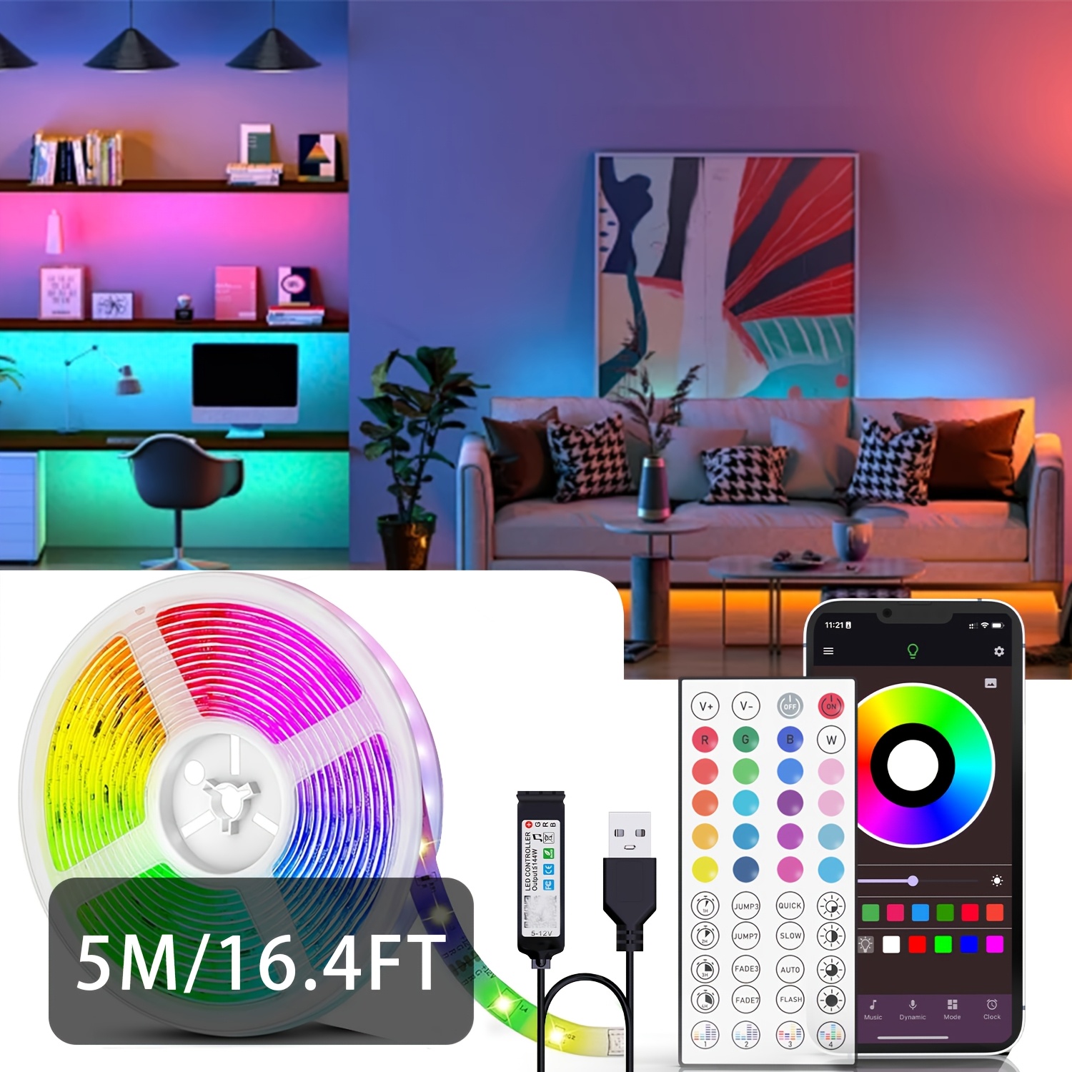 TEMU 3ft-100ft Led Strip Lights For Room Decor, With 44-key Remote And App Control, Color Changing With Music, Timing Setting, Adjustable Brightness,