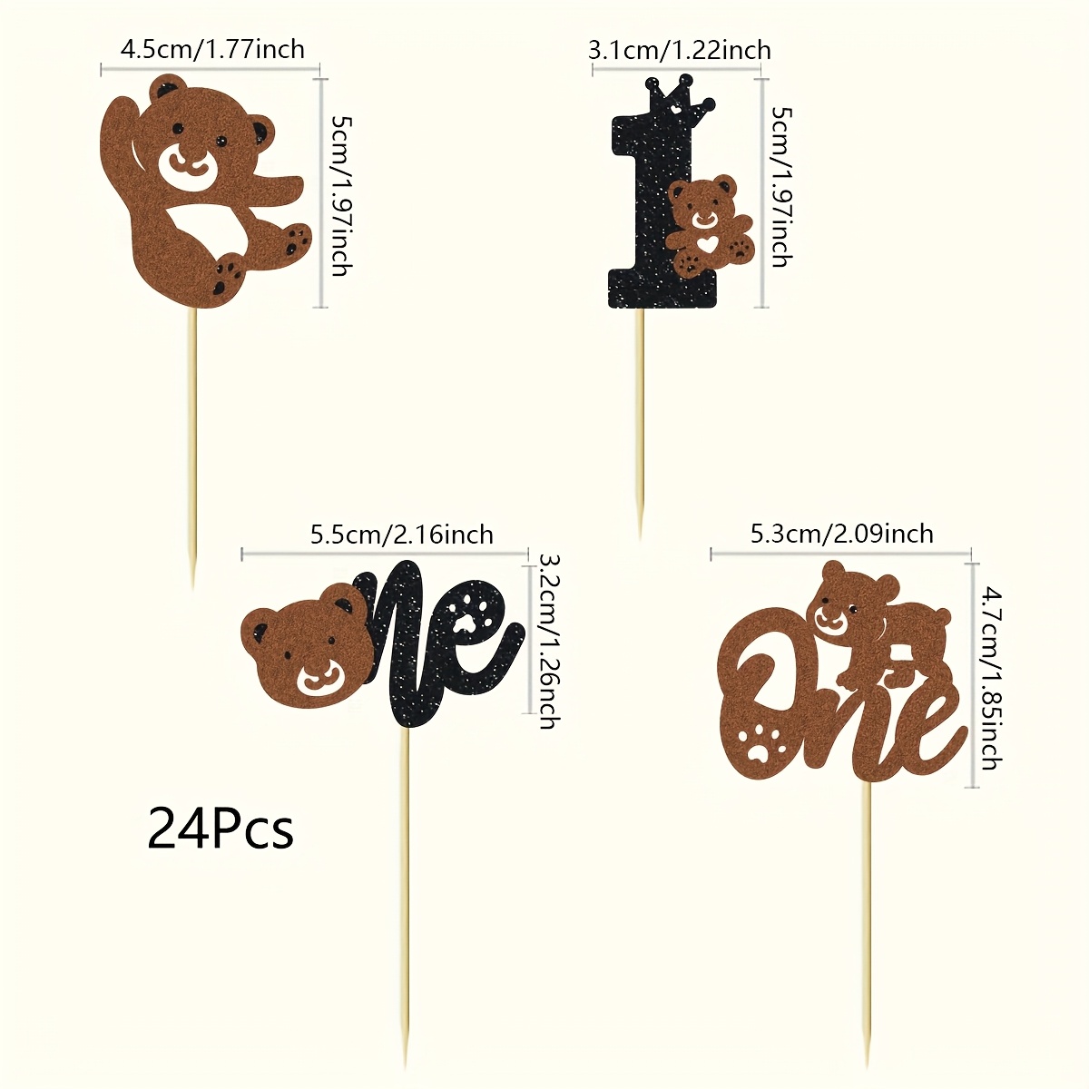 Image of 24 Cute Bear 1pc Cake Toppers, Sparkling Birthday Celebration Party Cake Decorations