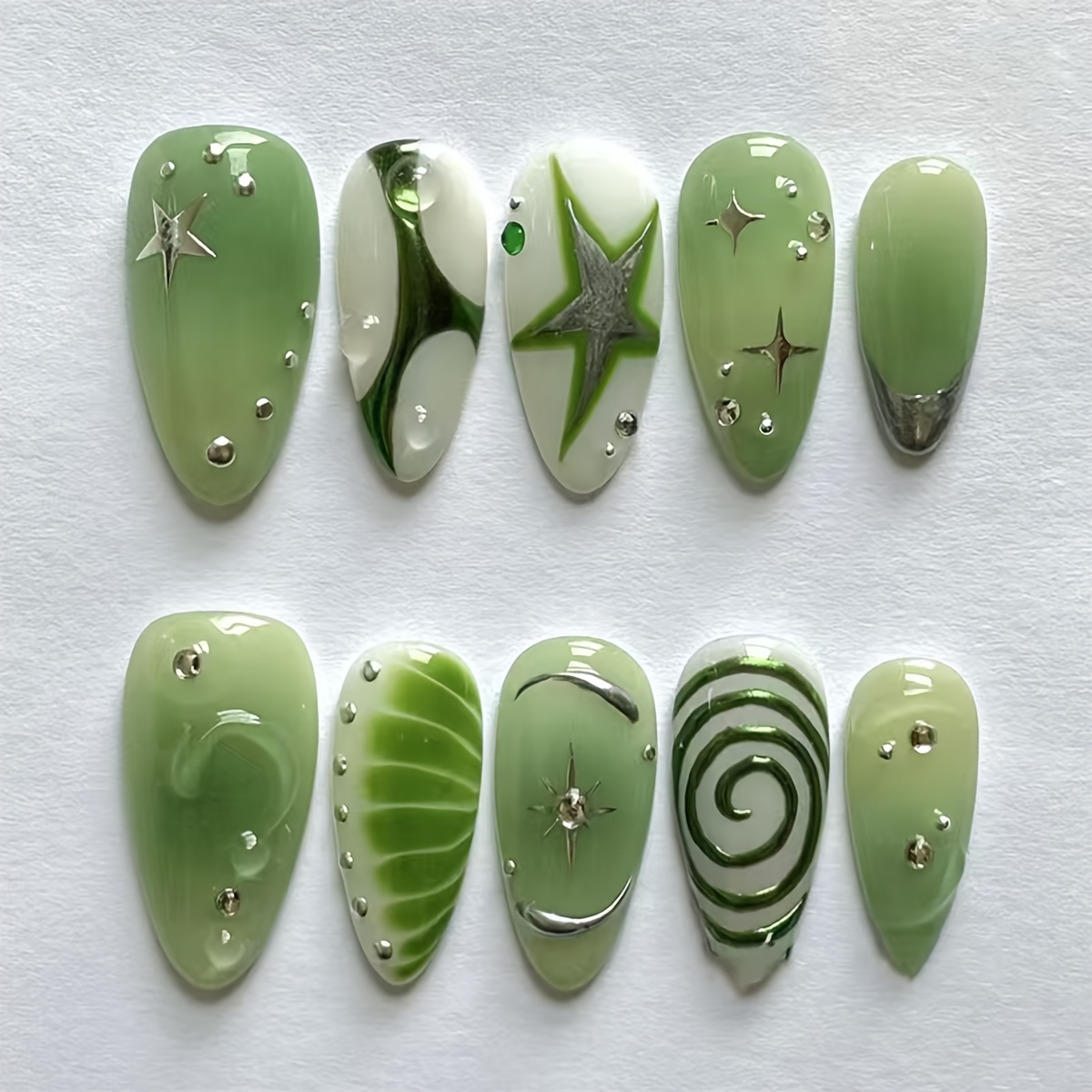 TEMU Unghie finte stile con e motivi a spirale, 24 pezzi di tipi per unghie lucidi a forma di , rimovibili e indossabili, adatte per abiti da donna o