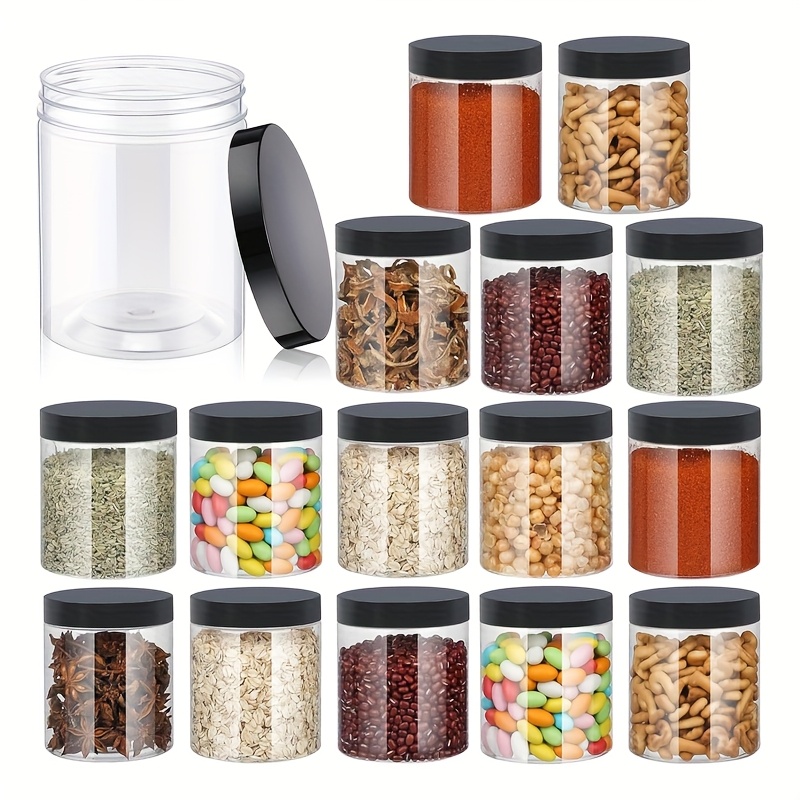 Image of 6-pack/16-pack Plastic Jars With Lids, 8oz (. 240g), Transparent Containers, Refillable Sample Jars With Black Lids, Suitable For , Candies, Creams