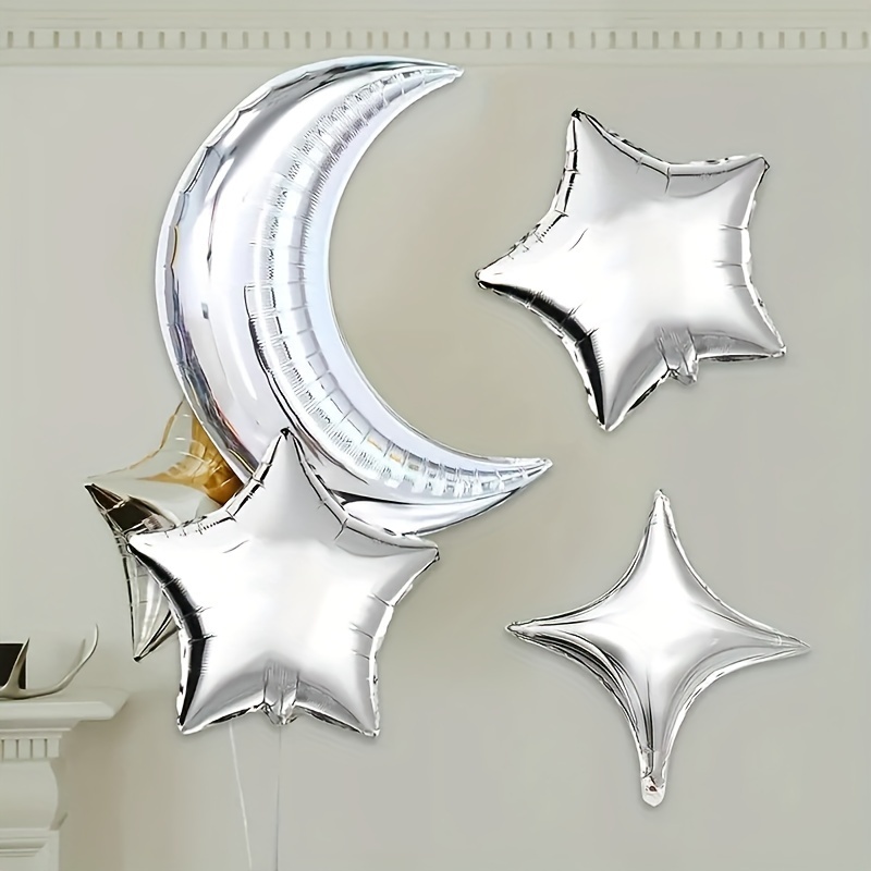 

22pcs Silver Star And Moon Foil Balloons Set For Eid Al-fitr, Space Themed Birthday, Anniversary, Graduation, And Celebration Decor - Indoor And Outdoor Party Supplies For Ages 14+