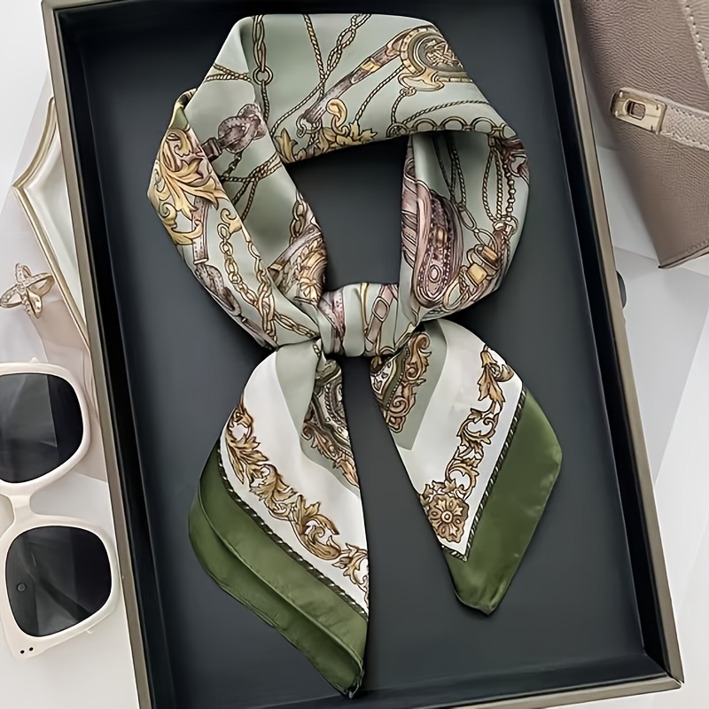 TEMU 1pc Dark Green Drawing Style Scarf, Featuring Light Green Color With Golden Chains, Carved Patterns, And Other Exquisite Details, Exuding .