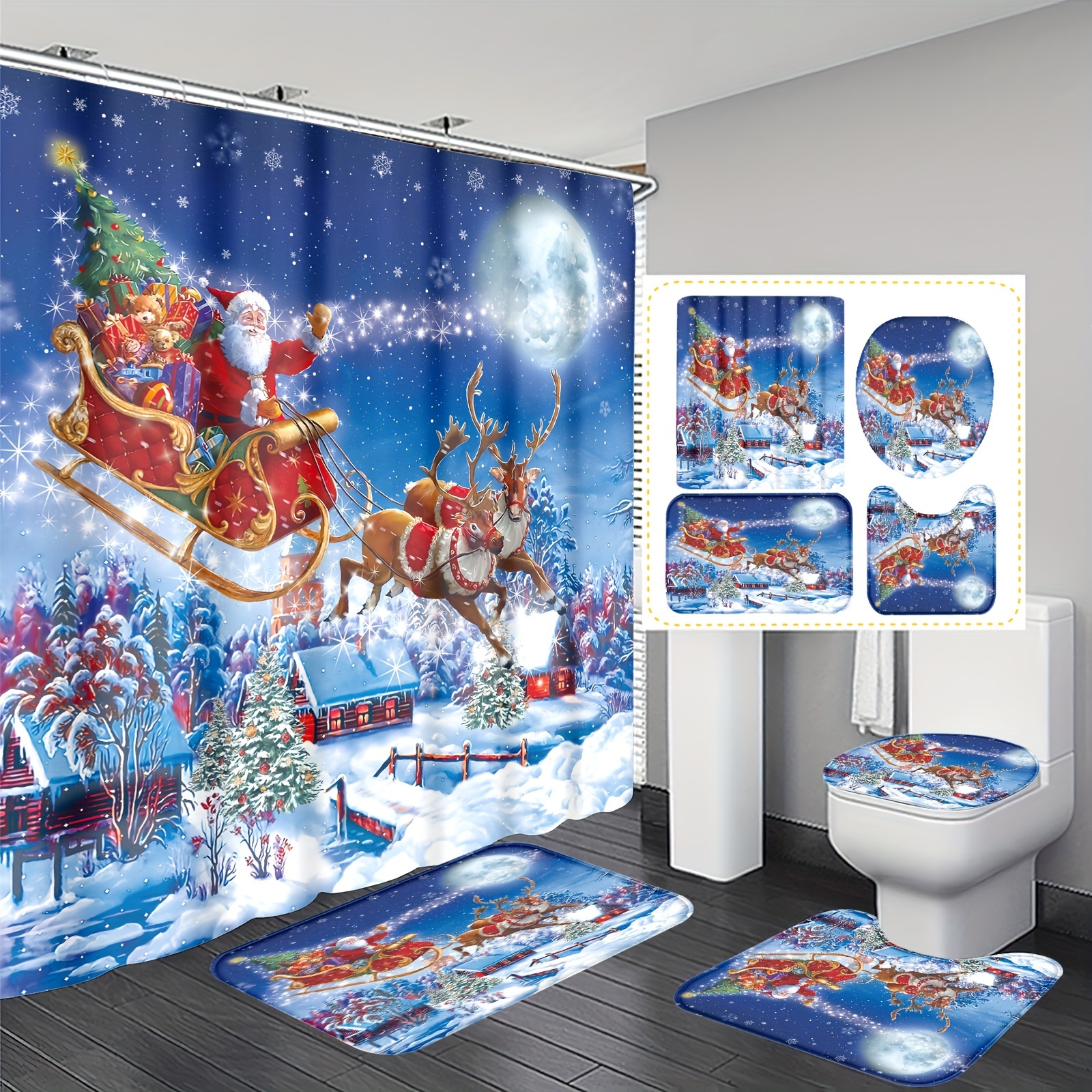 

1pc/4pcs Christmas Polyester Decoration Bathroom Shower Curtain 12 , Bathroom Mat, U-shaped Mat And Round Mat, Bathroom Set , For Christmas