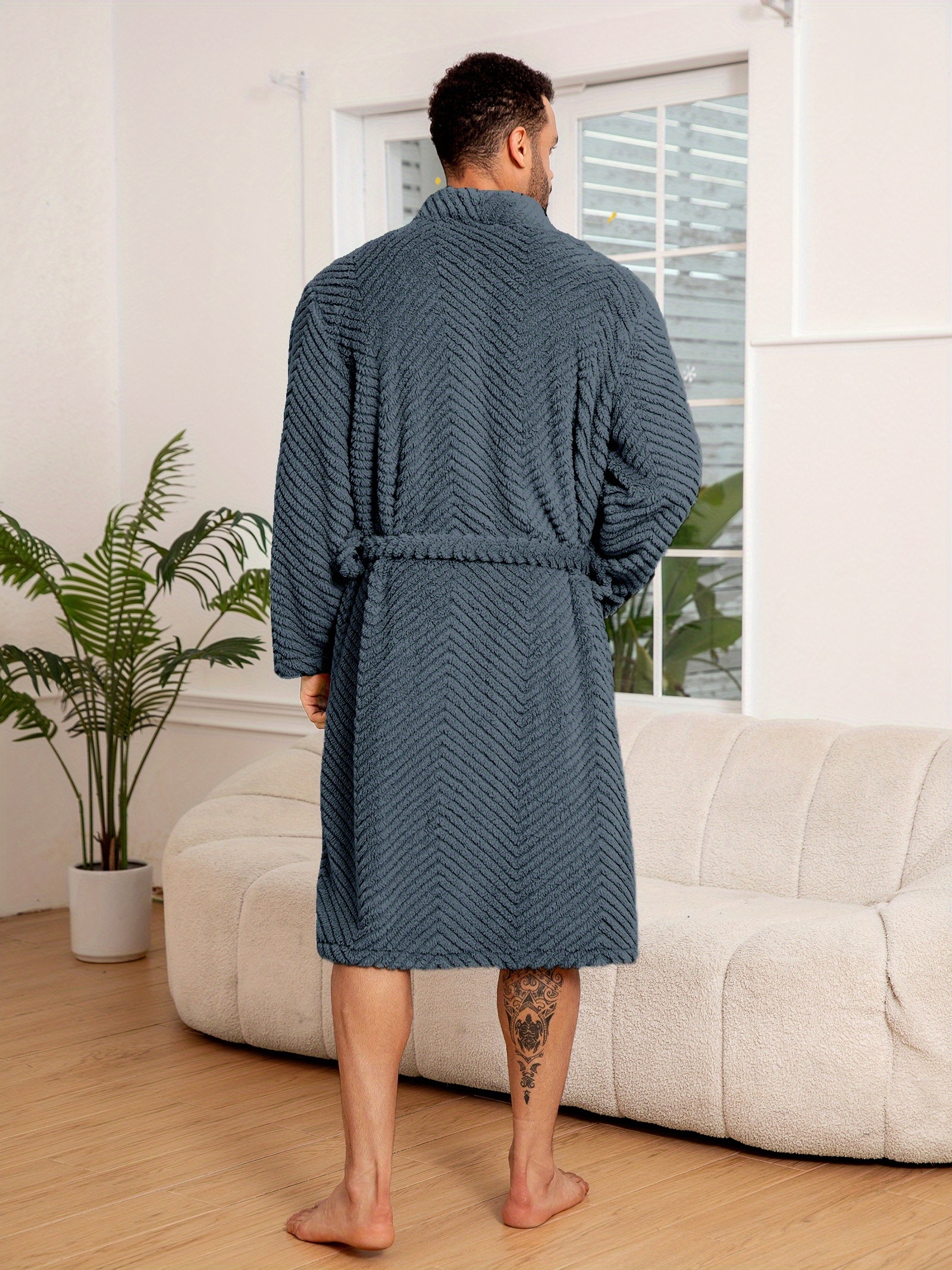Men'S Plus Size Thickened Warm Flannel Robe - Soft Plush Fleece Long Sleeve & Pants, V-Neck Casual Bathrobe with Belt, Cozy Fall/Winter Home Wear for Men, Plus Size Sleepwear For Men